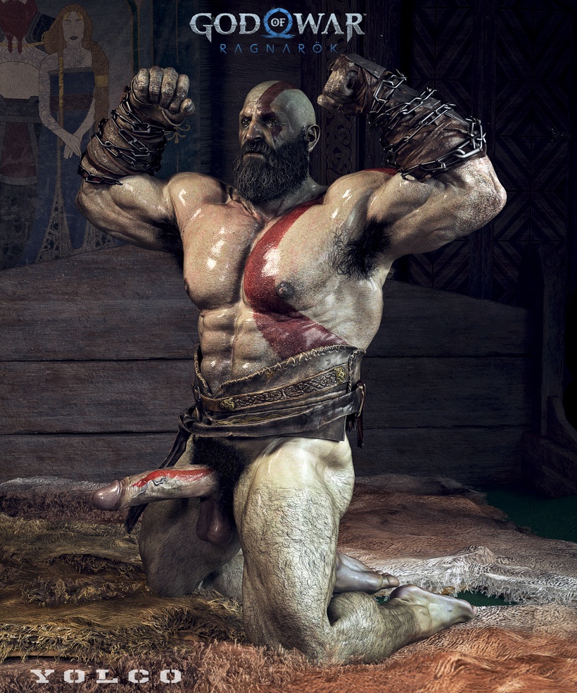 bald bald_man bara beard bedroom erect_penis erection facial_hair flexing flexing_bicep god_of_war hairy hairy_ass hairy_chest kratos male_only markings mature_male muscular muscular_ass muscular_male older_male solo solo_male thick_thighs yolco