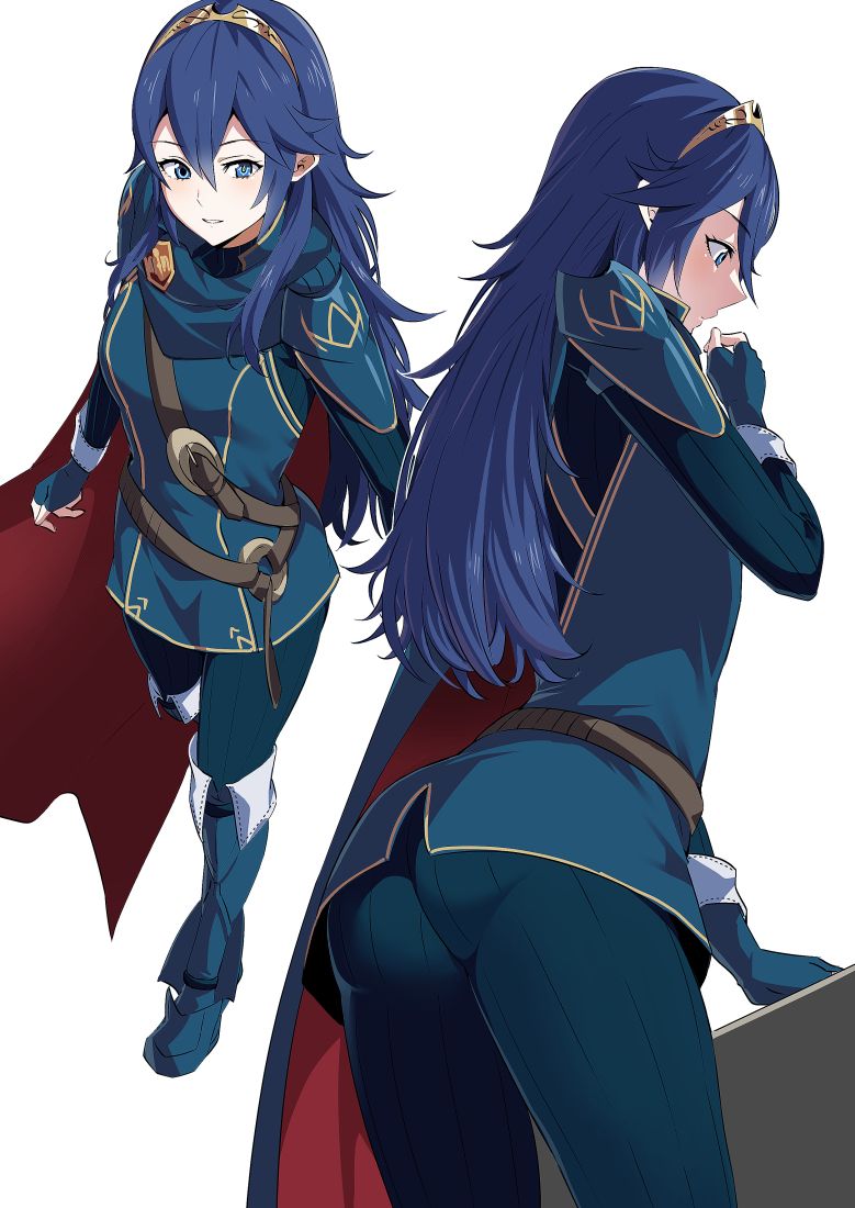 1girls ameno_(a_meno0) ass big_ass blue_bodysuit blue_cape blue_eyes blue_gloves blue_hair bodysuit brand_of_the_exalt cape female female_only fingerless_gloves fire_emblem fire_emblem_awakening gloves long_hair lucina_(fire_emblem) multicolored_cape multicolored_clothes multiple_views nintendo red_cape ribbed_bodysuit solo tiara white_background