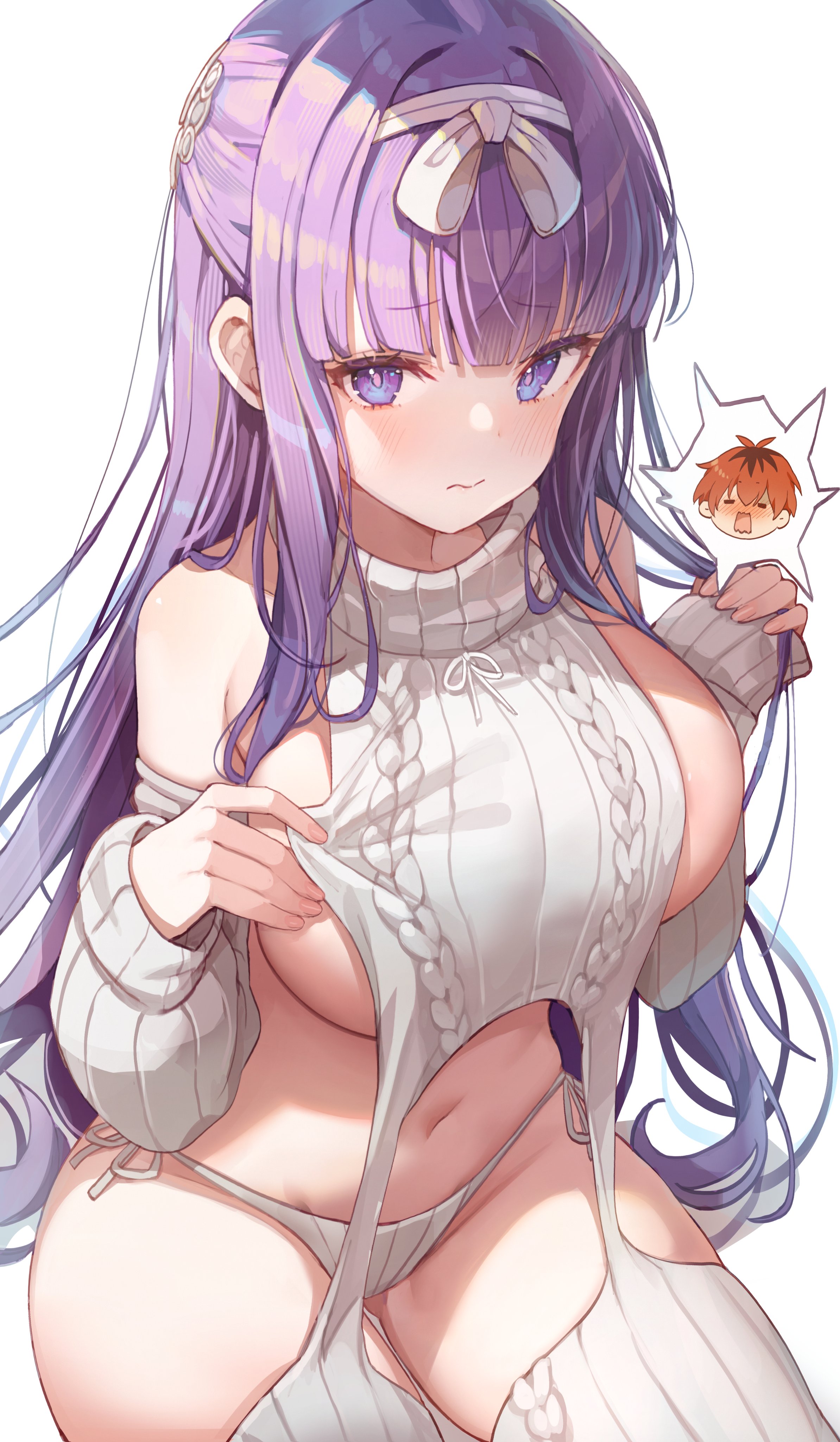blush, breasts, chibi, closed mouth, embarrassed, female, fern (sousou no frieren), fingernails, hair ribbon, huge breasts, huge thighs, looking at viewer, male, male pov, pov, screaming, sousou no frieren, stark (sousou no frieren), thick thighs, unwilling, virgin destroyer sweater, wavy mouth, wide hips