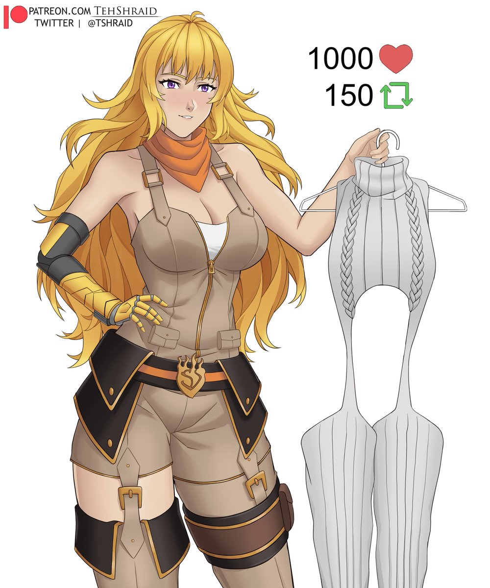 1girls blonde_female blonde_hair cleavage clothed_female long_hair long_hair_female purple_eyes robotic_arm rwby tehshraid virgin_destroyer_sweater yang_xiao_long