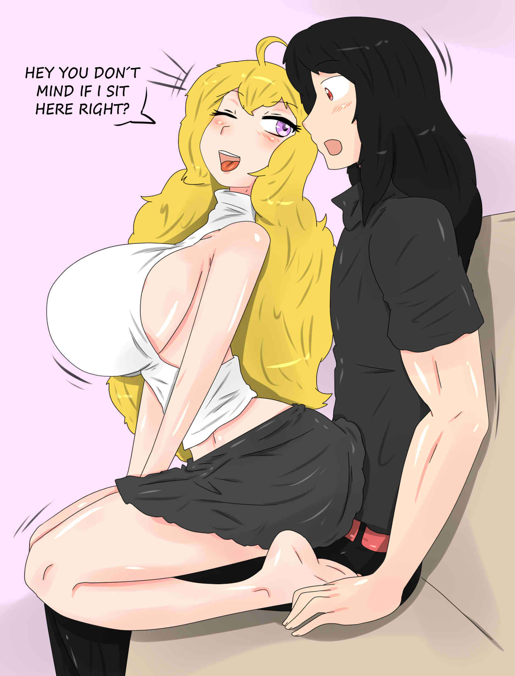 1boy 1girls big_breasts black_hair blonde_female blonde_hair clothed_female clothed_male fjtiko original_character purple_eyes red_eyes rwby sitting_on_lap sitting_on_person yang_xiao_long zronku