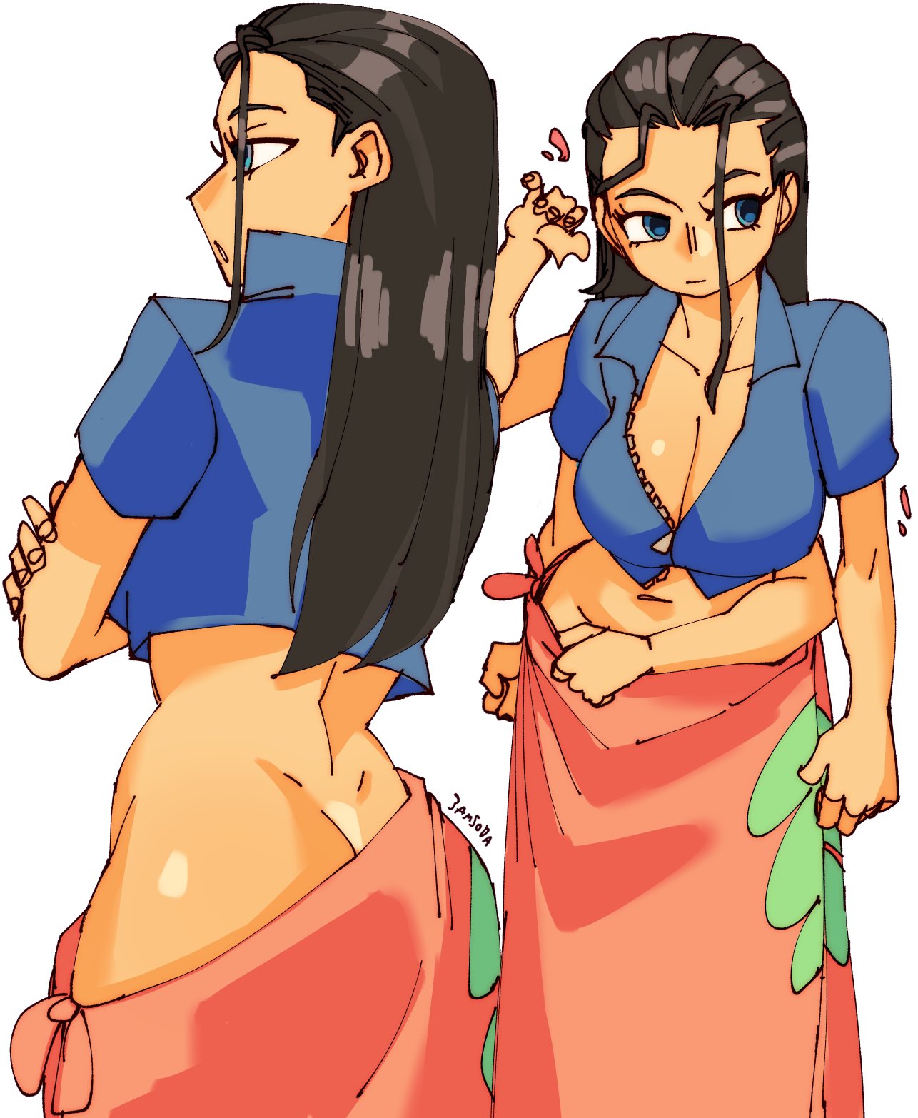 3amsoda akuma_no_mi arms_crossed ass ass_cheeks ass_focus back_view belly black_hair blue_eyes breasts butt_cheeks butt_crack cleavage exposed_ass female female_only front_view hana_hana_no_mi jacket long_hair nico_robin one_piece post-timeskip sarong skirt wide_hips