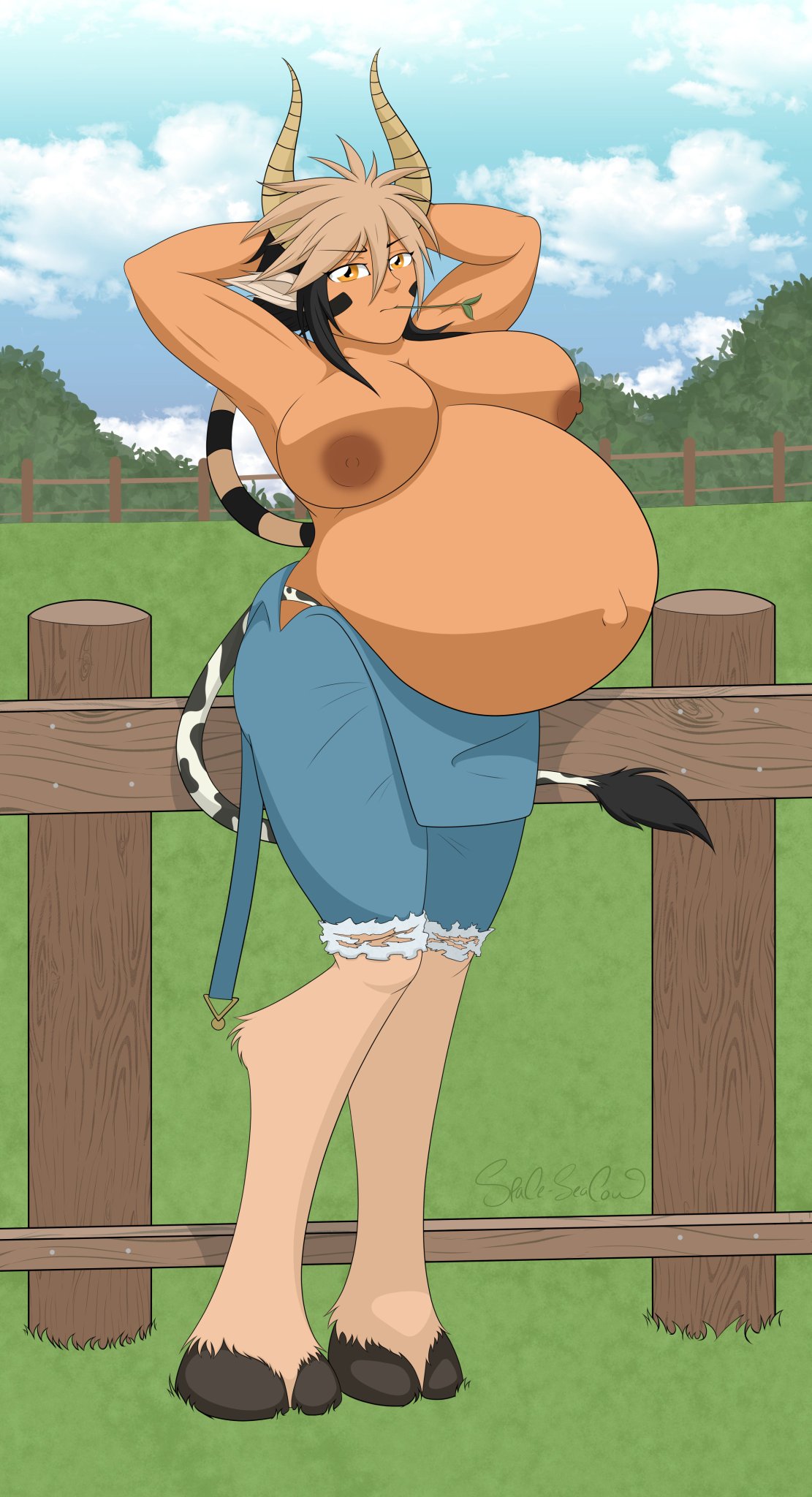 big_breasts breasts cathyl_(monster_musume) cow_girl gigantic_breasts hyper_belly monster_musume_no_iru_nichijou pregnant spaceseacow tan-skinned_female