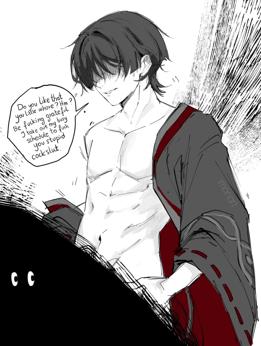 1boy, degradation, degradation text, dialogue, genshin impact, imoriart, implied oral, implied penetration, implied sex, looking at viewer, male, muscular, open clothes, scaramouche (genshin impact), solo, solo focus, solo male, viewer perspective