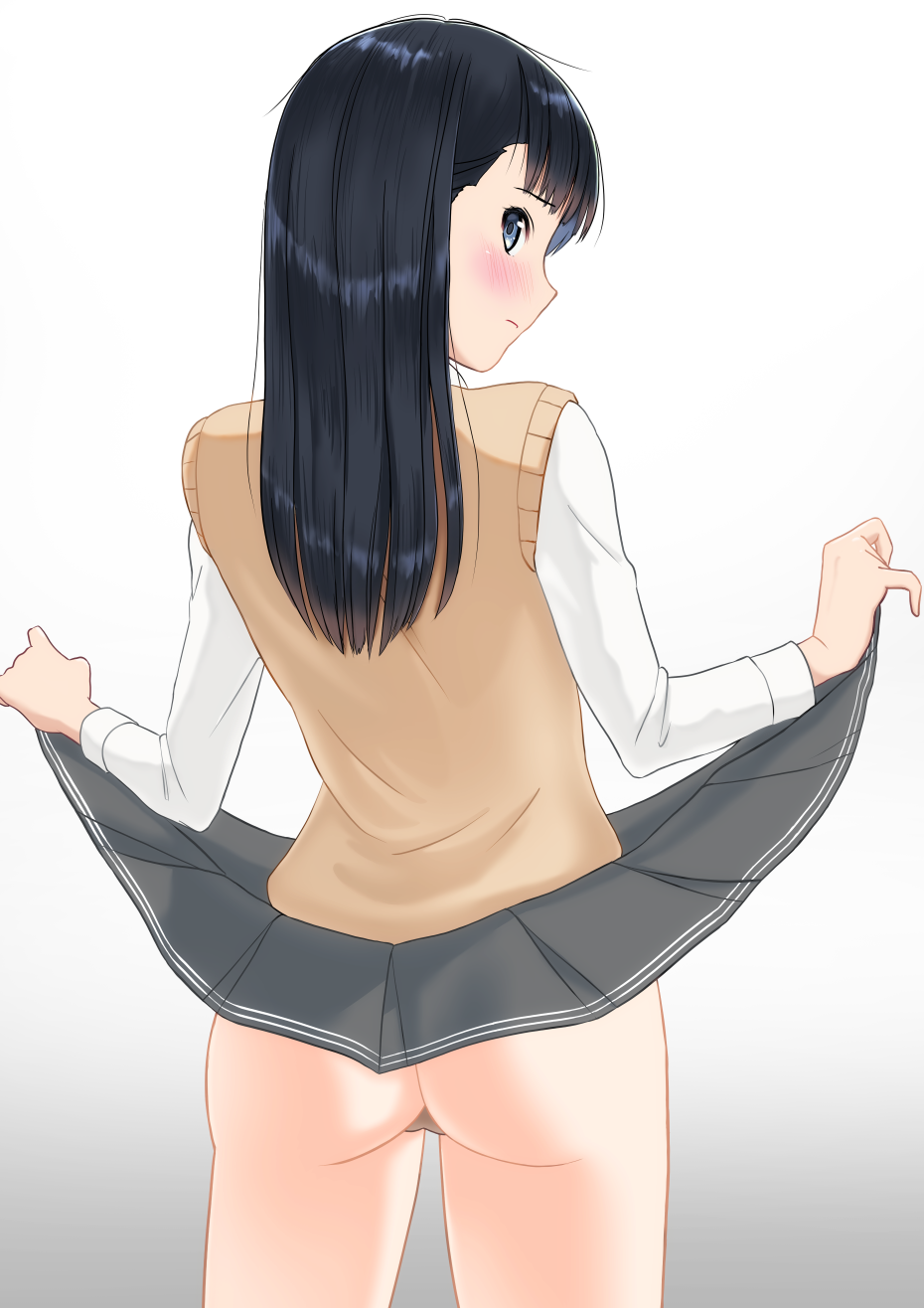 amagami ass ayatsuji_tsukasa black_eyes black_hair blush bottomless censored closed_mouth clothes_lift cowboy_shot female from_behind gradient_background grey_background grey_skirt highres kero320 kibito_high_school_uniform long_hair long_sleeves looking_at_viewer looking_back pleated_skirt profile pussy school_uniform shirt skirt skirt_lift solo straight_hair sweater_vest white_shirt yellow_sweater_vest