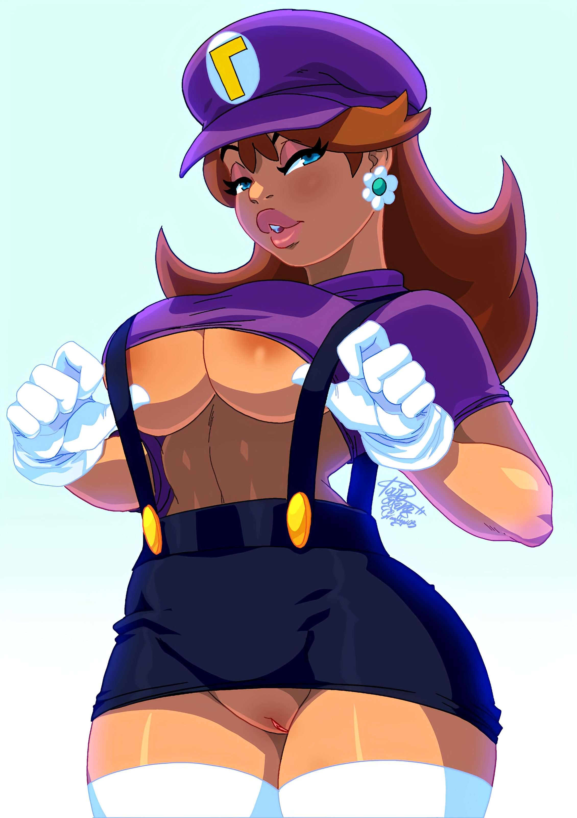 1girls, 2023, 2023s, absurd res, absurdres, big breasts, bimbo, blue background, blue eyes, bottomless, bottomless skirt, breasts, brown hair, cap, cosplay, earring, earrings, eyebrows, eyelashes, female, female focus, female only, flower earrings, gloves, hat, hi res, huge breasts, human, human female, legwear, light skin, light-skinned female, long hair, looking at viewer, mario (series), microskirt, miniskirt, nintendo, nipples, no panties, princess daisy, pulling clothing, purple clothing, purple headwear, pussy, sidelocks, skirt, solo female, solo focus, stockings, tan body, tan skin, tan-skinned female, thick lips, tovio rogers, underboob, upskirt, waluigi (cosplay), white background, white gloves