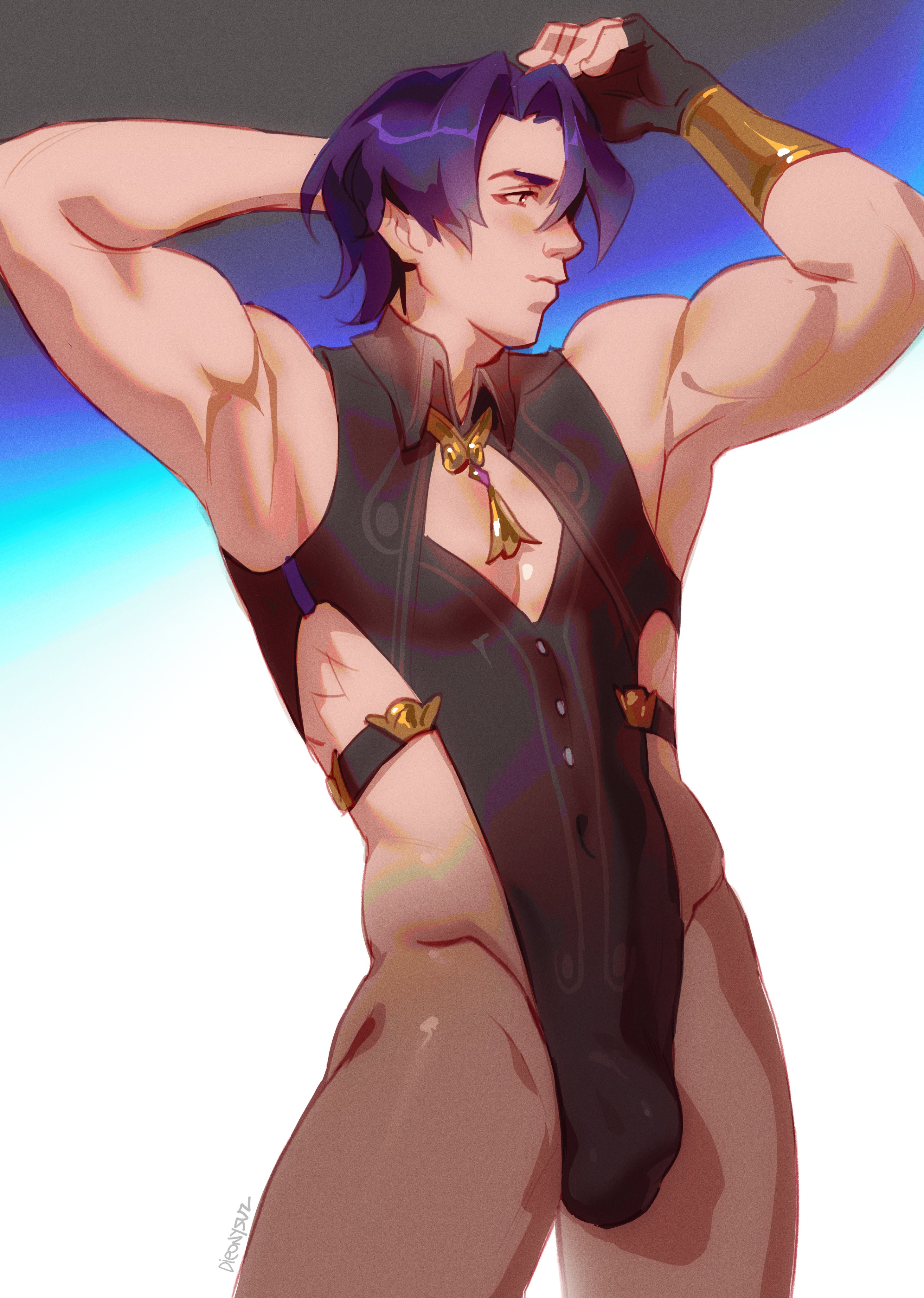1boy, armpits, arms up, bulge, bulge through clothing, dieonysuz, dr. ratio (honkai: star rail), gloves, hand behind head, honkai (series), honkai: star rail, looking away, male, male only, masculine, one piece suit, purple hair, solo, solo male