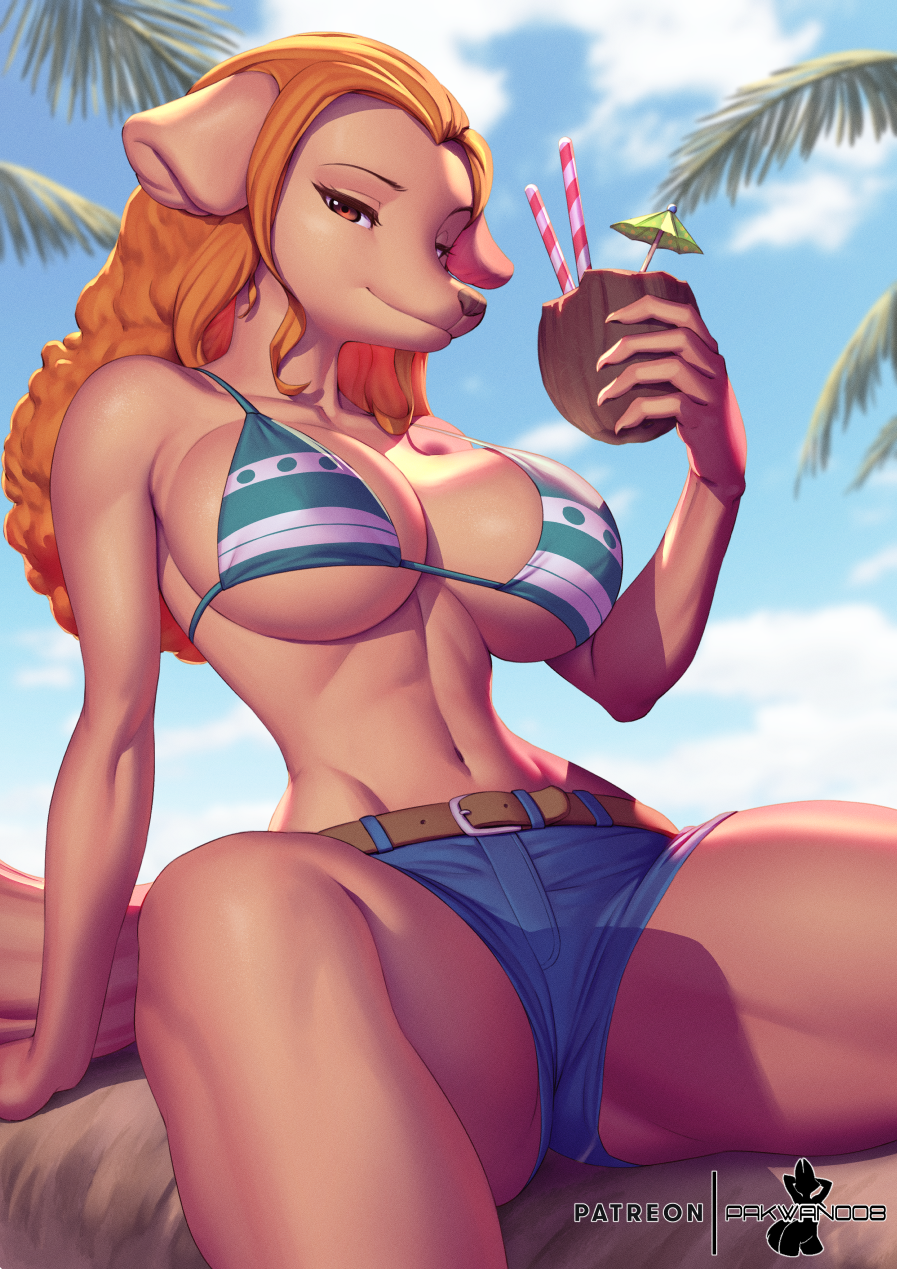 1girls anthro anthro_only big_breasts bra canine clothed clothing color dog_ears dog_girl dog_tail drink female female_focus female_only furry hi_res humanoid jean_shorts large_breasts long_hair looking_at_viewer nami_(one_piece)_(cosplay) one_piece orange_eyes orange_hair pakwan008 shounen_jump sitting sky solo solo_female tagme tail thick_thighs tree wanda_(one_piece)