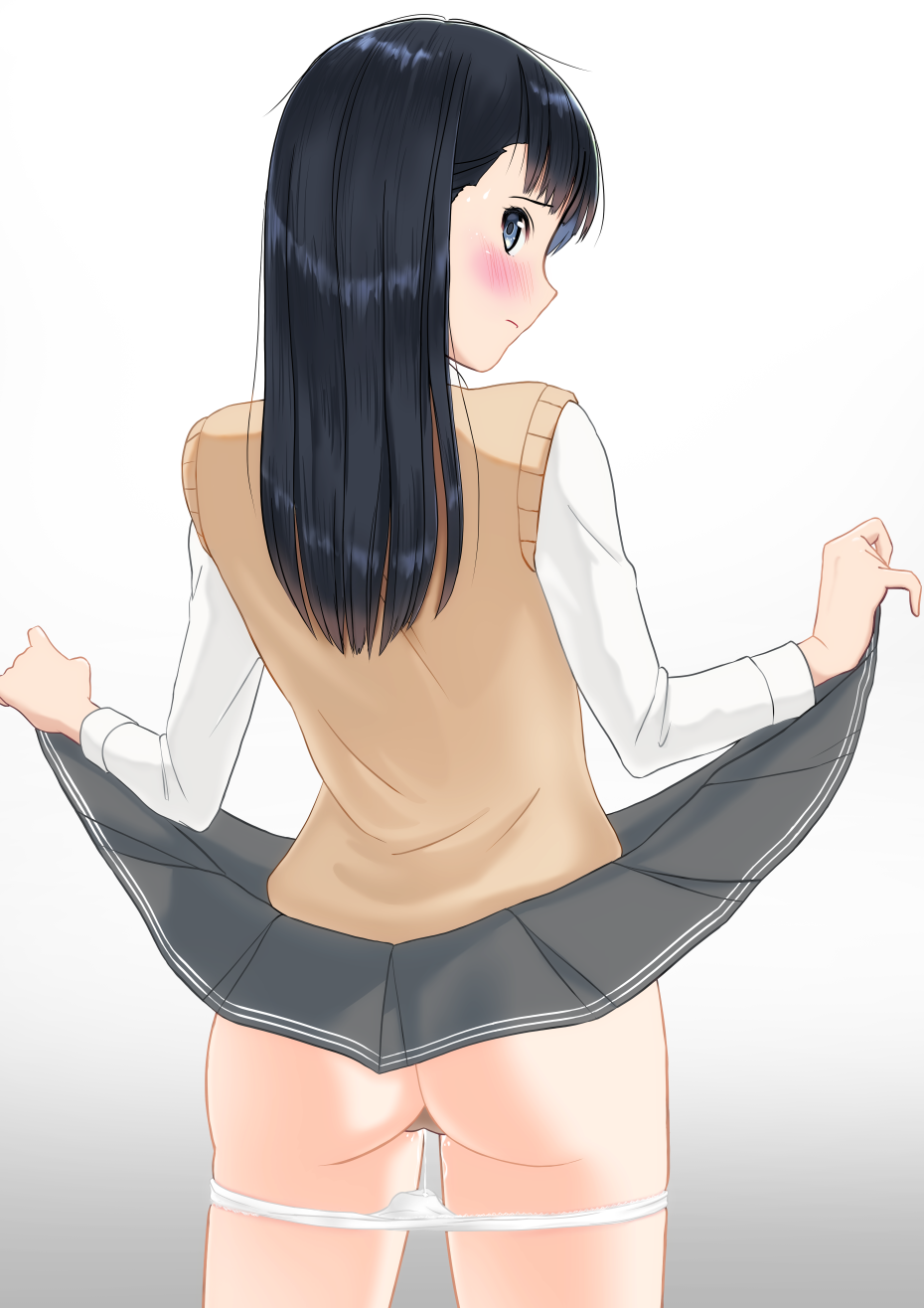 amagami ass ayatsuji_tsukasa black_eyes black_hair blush censored closed_mouth clothes_lift cowboy_shot female from_behind gradient_background grey_background grey_skirt highres kero320 kibito_high_school_uniform long_hair long_sleeves looking_at_viewer looking_back panties panty_pull pleated_skirt profile pussy school_uniform shirt skirt skirt_lift solo straight_hair sweater_vest underwear white_panties white_shirt yellow_sweater_vest