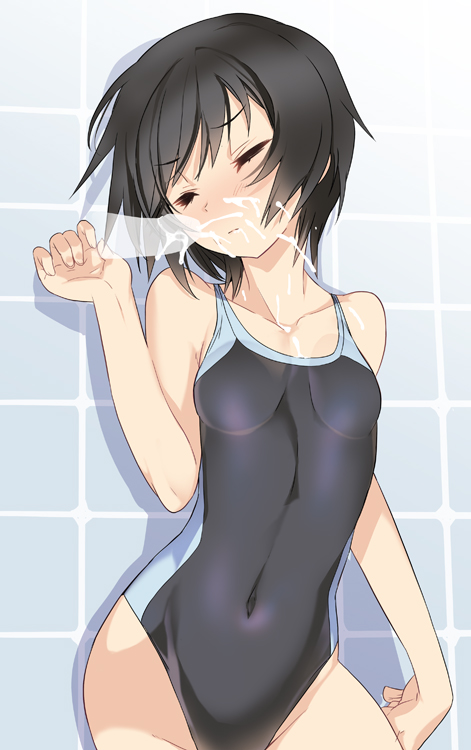 amagami bare_shoulders black_hair blade_(galaxist) blush closed_eyes collarbone competition_swimsuit cum facial invisible_penis magic_penis nanasaki_ai one-piece_swimsuit open_mouth penis short_hair solo swimsuit