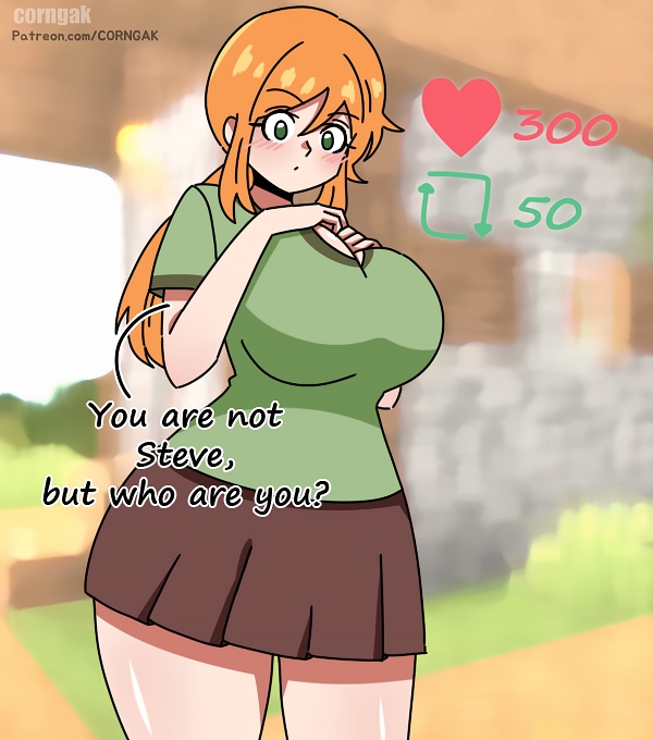 1girls alex_(minecraft) big_breasts blurry_background blush breasts cleavage clothed_female corngak english_text ginger green_eyes green_shirt light-skinned_female minecraft mojang orange_hair patreon_url skirt strip_game talking_to_viewer text thighs watermark