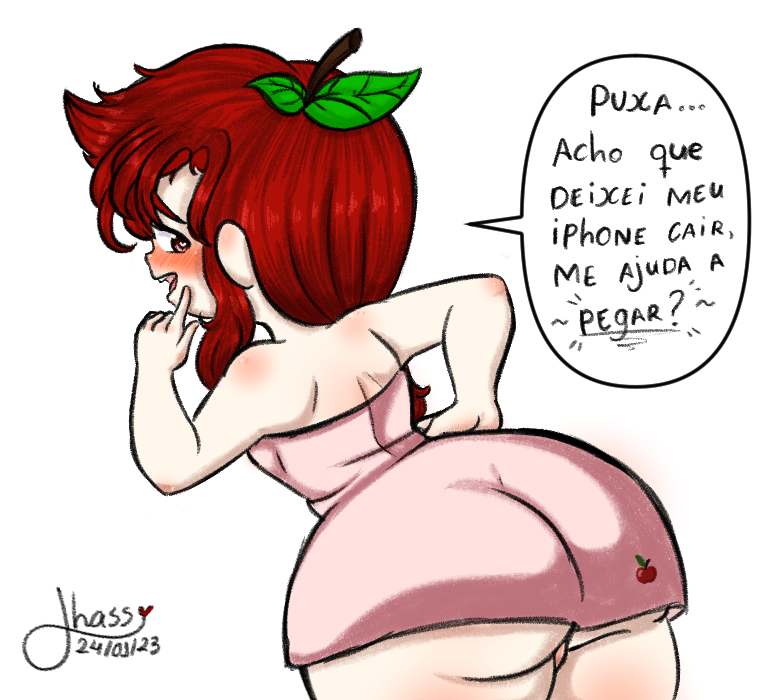 1girls apple_(jhass_uwu) back big_ass big_butt blush blush blush_body blushed blushing_at_viewer brown_eyes bubble_ass bubble_butt curvy curvy_figure female flirting flirting_look flirting_with_viewer fruit hand_on_hip jhass_uwu leaf long_hair looking_at_partner looking_at_viewer looking_back peeping pink_towel portuguese_text pussy_peek red red_hair seductive sensual text thick_ass thick_thighs thighs towel towel_only