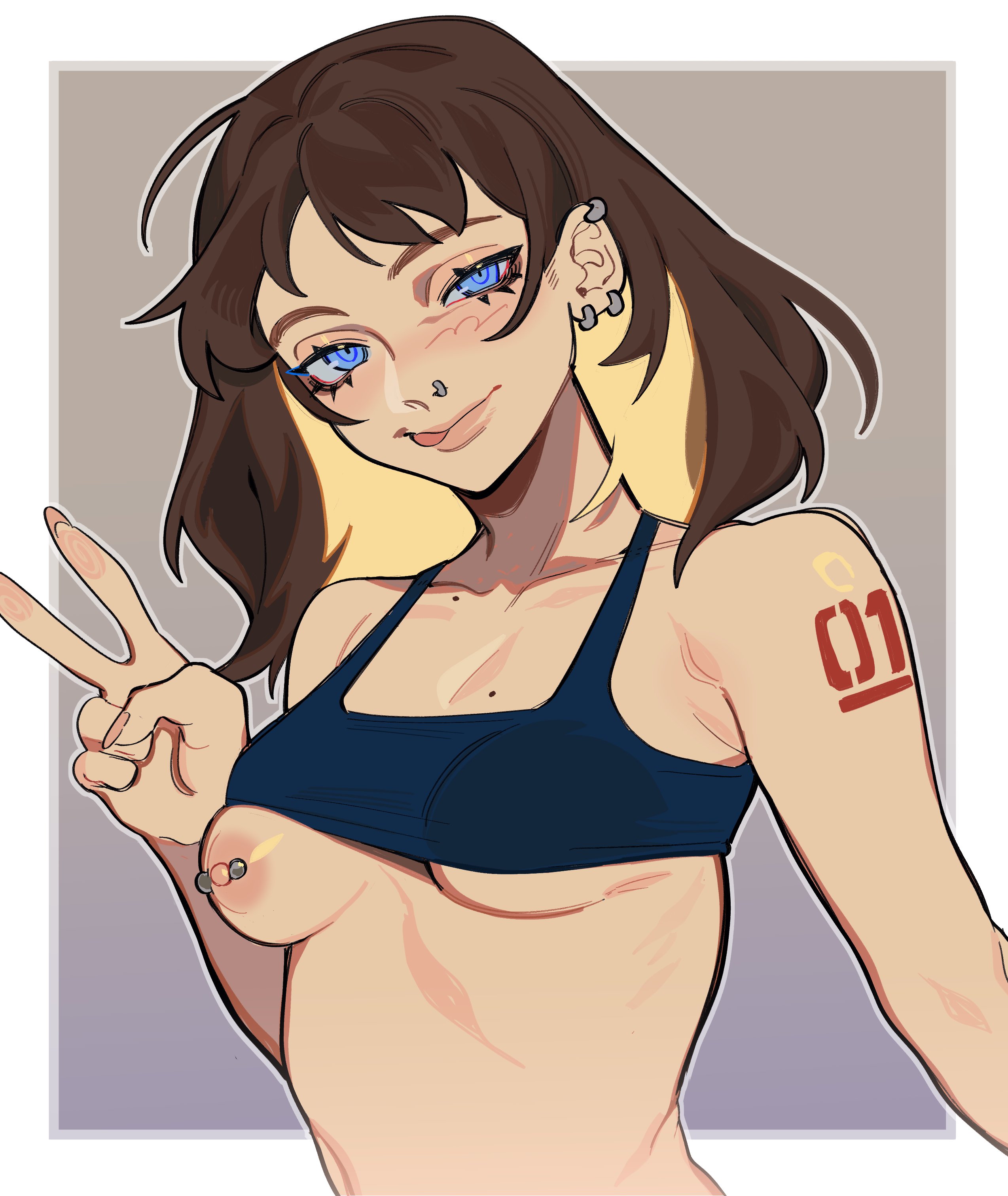 1girls, blonde hair, blue eyes, blush, breasts, brown hair, earrings, female, looking at viewer, nipple piercing, nipples, one breast out, partially clothed, peace sign, piercing, porqueloin, presenting, self portrait, smile, solo, standing, tattoo, tongue, tongue out, two-tone hair