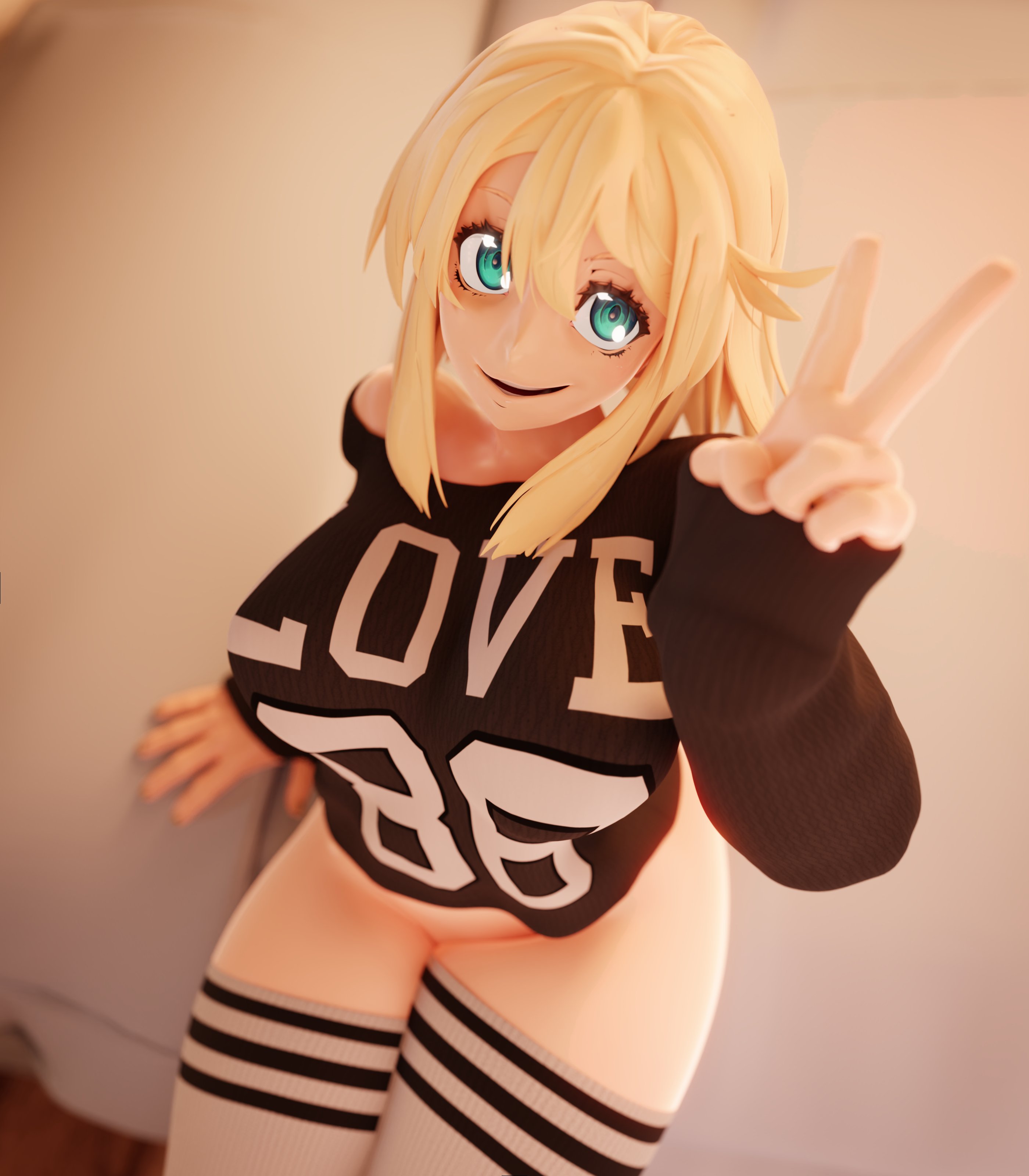 1girls, 3d, aged up, alternate breast size, big breasts, blonde hair, breasts, bridget, female, green eyes, guilty gear, guilty gear strive, huge breasts, large breasts, neenbeanmachine, no panties, no pants, short hair, solo, thick thighs, trans woman, white female