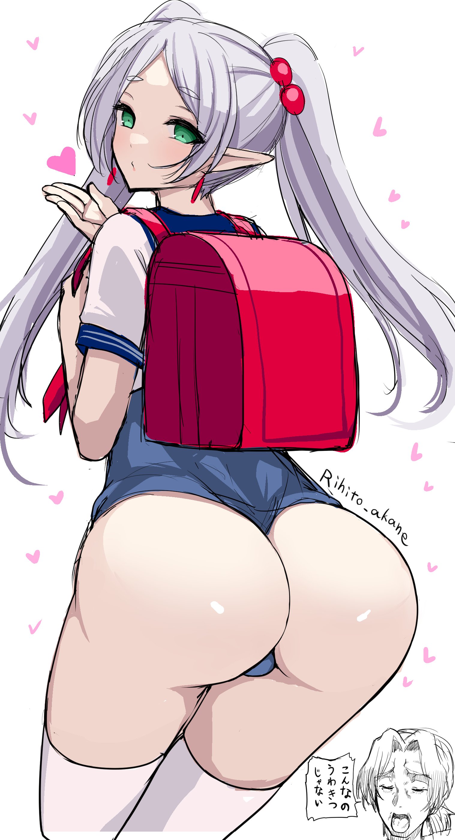 1girls, ass, bottom heavy, breasts, bubble ass, bubble butt, elf, elf ears, elf female, female, female only, frieren, green eyes, large ass, light skin, light-skinned female, long hair, one-piece swimsuit, petite, randoseru, rihito akane, school uniform, schoolgirl, small breasts, solo, sousou no frieren, swimsuit, swimsuit under clothes, thick ass, thick thighs, twintails, white hair
