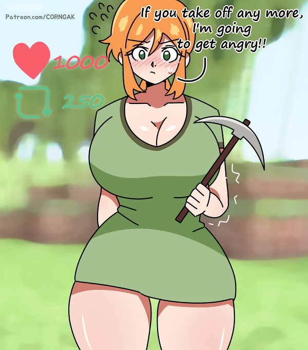 1girls alex_(minecraft) big_breasts blurry_background blush bottomless breasts cleavage clothed_female corngak english_text ginger green_eyes green_shirt holding_tool light-skinned_female minecraft mojang orange_hair patreon_url pickaxe ponytail strip_game sweat talking_to_viewer text thick_thighs thighs watermark