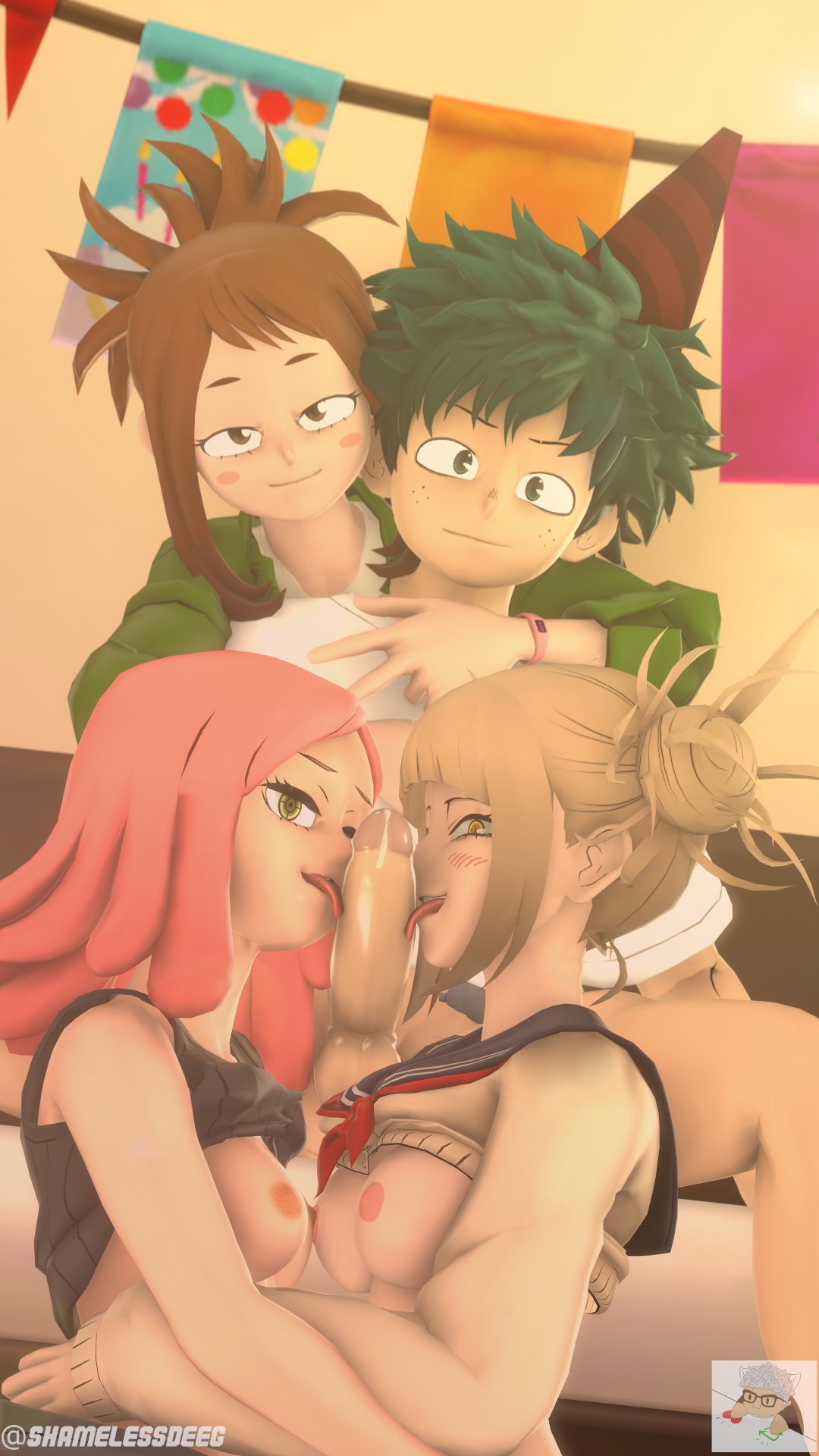 1boy 3d 3girls 4some after_sex areola areolae balls big_breasts big_penis blonde_hair blush blush_lines boku_no_hero_academia breasts breasts_out brown_eyes brown_hair collaborative_fellatio cum double_bun dreadlocks erect_penis female foursome green_eyes green_hair happy_birthday harem hatsume_mei himiko_toga huge_cock huge_penis izuku_midoriya licking_penis looking_at_viewer male mei_hatsume midoriya_izuku my_hero_academia no_bra ochako_uraraka penis pink_hair shamelessdeeg testicles toga_himiko uraraka_ochako yellow_eyes