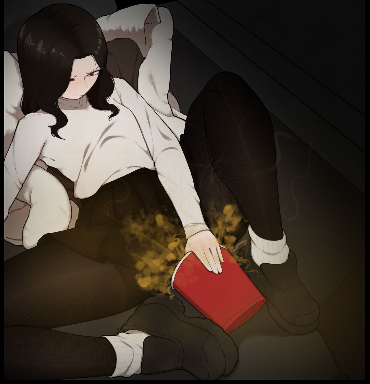 asian, asian female, black hair, fart, fart cloud, fart fetish, farting, farting on object, female, gasbox, popcorn bucket, sweater