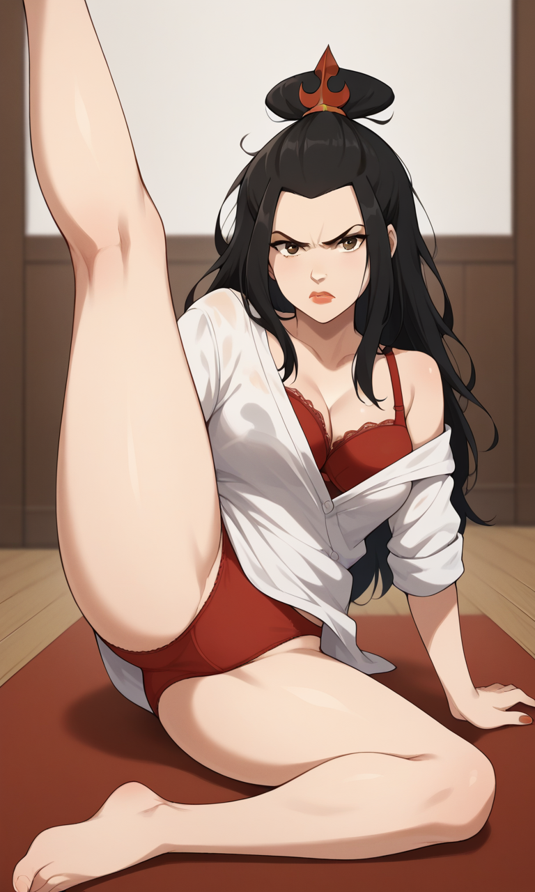 1girls ai_generated ass avatar_legends avatar_the_last_airbender azula barefoot bigmic145 bra breasts cleavage clothed clothed_female feet long_hair loose_clothes nail_polish nickelodeon off_shoulder oversized_clothes panties princess red_nails rolled_up_sleeves solo solo_female