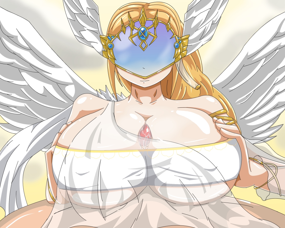 big_breasts blonde_hair breasts elysium female gaoka helm huge_breasts large_breasts long_hair male mask paizuri penis ponytail see-through soul_calibur soul_calibur_v straight tied_hair uncensored underboob wings