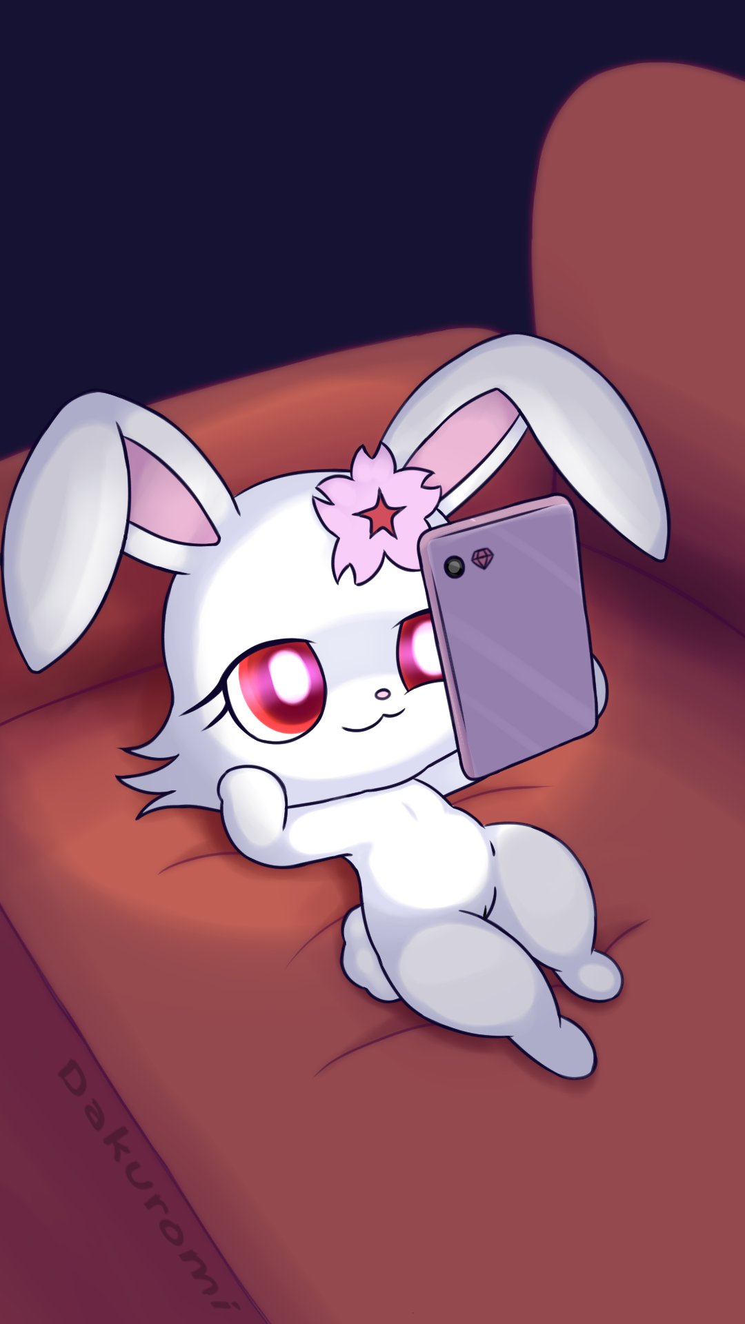 2022 accessory anthro cellphone chibi dakuromii electronics female flower flower_in_hair fur furniture genitals hair hair_accessory hi_res jewelpet jewelpet_(species) lagomorph leporid looking_at_object looking_at_phone lying lying_on_sofa mammal nude on_back on_sofa phone plant purple_background pussy rabbit red_eyes ruby_(jewelpet) sanrio screen_glow sega sega_toys signature simple_background smartphone sofa solo tail white_body white_fur