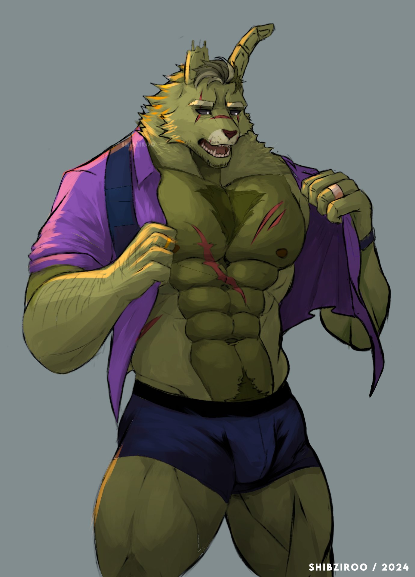 anthro clothed clothing five_nights_at_freddy's five_nights_at_freddy's_3 fur furry furry_only hair male male_only muscles muscular muscular_anthro muscular_male nipples open_mouth pecs pectorals pubic_hair rabbit rabbit_ears rabbit_humanoid ring scars shibziroo solo solo_focus solo_male springtrap springtrap_(fnaf) thick_thighs underwear wristwatch