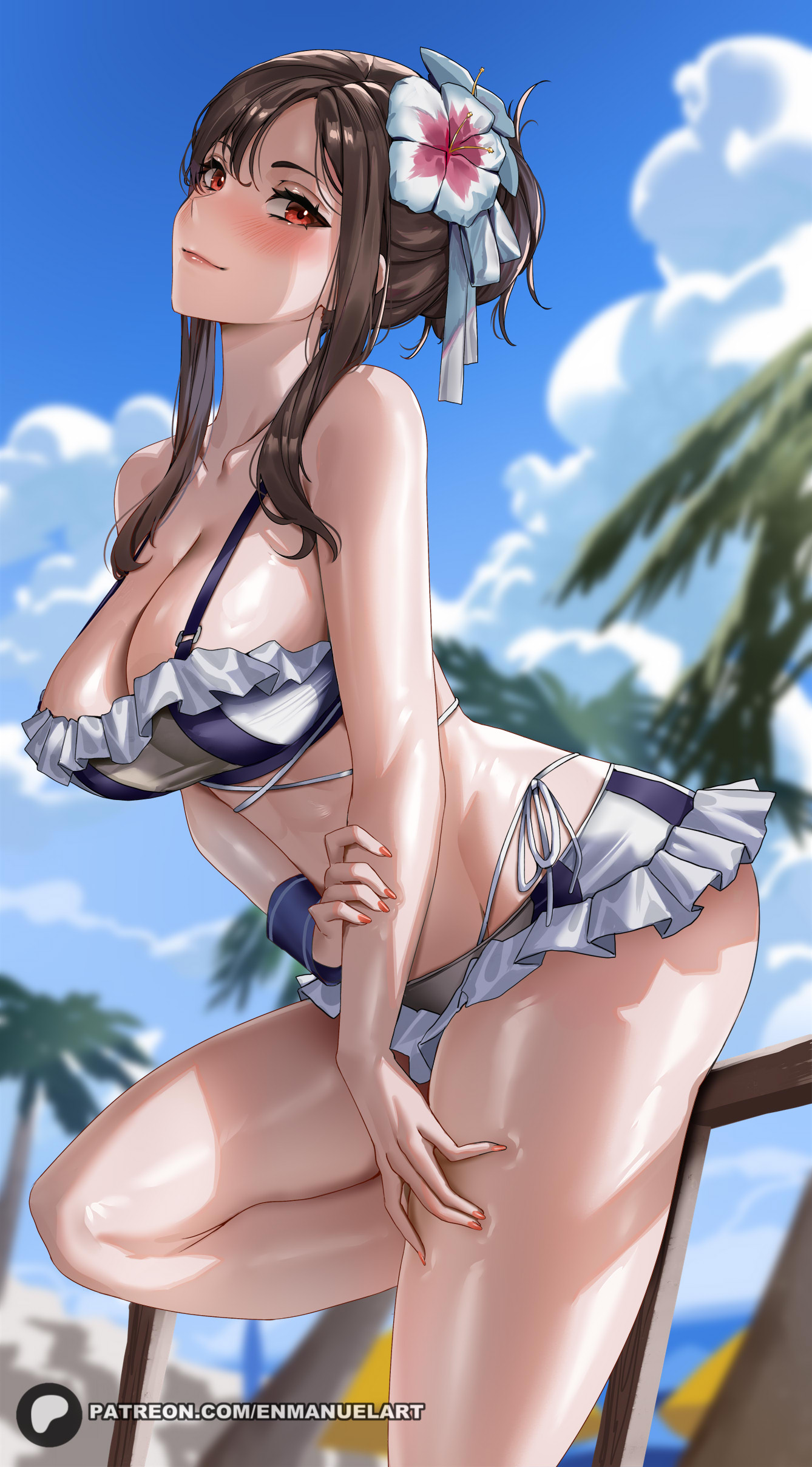 1girls, beach, bikini, black hair, breasts, enmanuelart20, female, final fantasy, final fantasy vii, final fantasy vii rebirth, final fantasy vii remake, hi res, huge breasts, light skin, light-skinned female, long hair, outdoors, red eyes, smile, swimsuit, thick thighs, tifa lockhart, tifa lockhart (shining spirit)