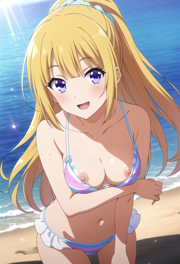 1girls ai_generated arm_under_breast beach_background belly_button bikini_bottom bikini_top blonde_hair blushing classroom_of_the_elite female hair_scrunchie karuizawa_kei nipple_slip ponytail posing_for_the_viewer purple_eyes schoolgirl smiling_at_viewer solo_female solo_focus stomach wakih