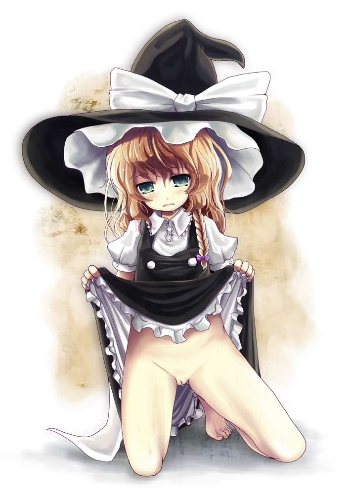 blonde_hair blue_eyes bottomless braid dress dress_lift female hat human kurona long_hair marisa_kirisame pussy ribbon side_braid solo tear touhou uncensored witch_hat