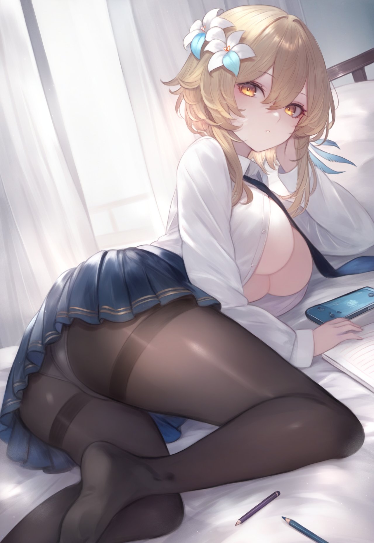 female, genshin impact, lumine (genshin impact), on bed, pantyhose, reading, soles, solo female