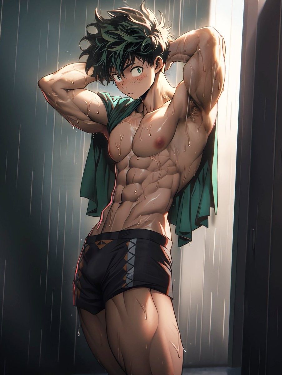 1boy ai_generated green_eyes green_hair half-dressed half_naked izuku_midoriya looking_at_viewer male_focus male_only muscles muscular muscular_abs muscular_male my_hero_academia no_source rain raining shirtless shirtless_male solo_male sweat underwear underwear_bulge unknown_artist