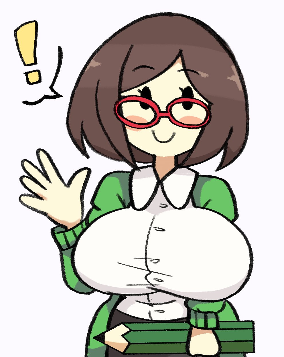 ! 1girls big_breasts breasts brown_hair clothed_female cute fully_clothed glasses light-skinned_female mob_face nikki_(swapnote) nintendo notnoe_(dxcl) pencil sideboob smile spoken_exclamation_mark swapnote waving white_background