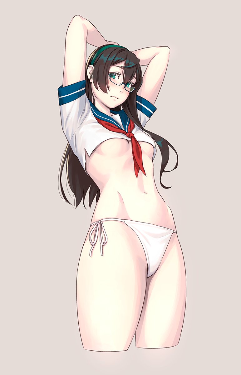 belly_button blue_eyes brown_hair female female_only glasses kantai_collection long_hair looking_at_viewer ooyodo_(kantai_collection) panties revealing_clothes schoolgirl schoolgirl_uniform slim_waist teenager underboob underwear wide_hips yuuji_(and)