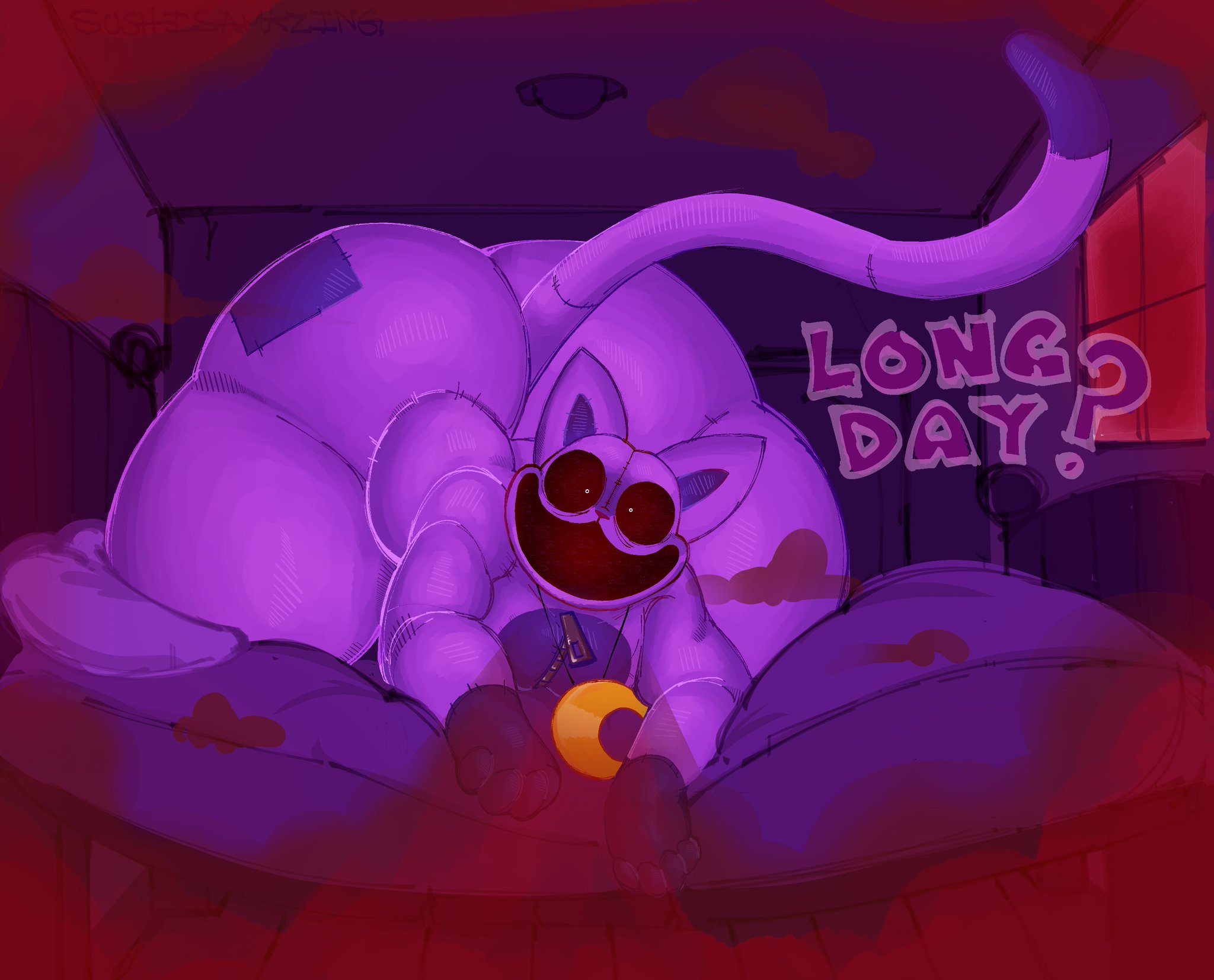 2024, 2d, 2d (artwork), 2d artwork, ass, bed, bedroom, big ass, big butt, catnap (poppy playtime), critters (poppy playtime), feline, femboy, furry only, huge ass, laying on bed, looking at viewer, male, male only, mob entertainment, moon, no humans, plushie, poppy playtime, poppy playtime (chapter 3), smiling critters, smoke, solo, sushiamazing, sushiplaytime