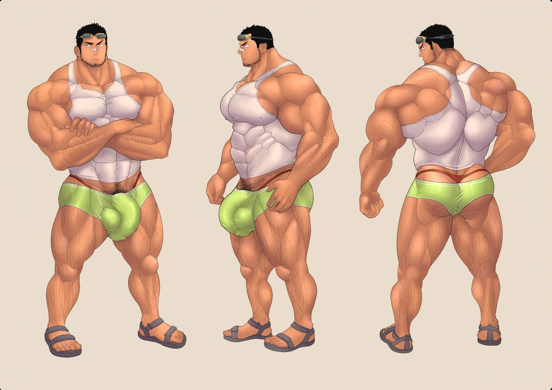 ass balls bara beard bulge clothing crossed_arms facial_hair flaccid fully_clothed kuromine_hiraya male male_only muscles muscular penis shorts solo solo_male sunglasses sunglasses_on_head tank_top yuatari