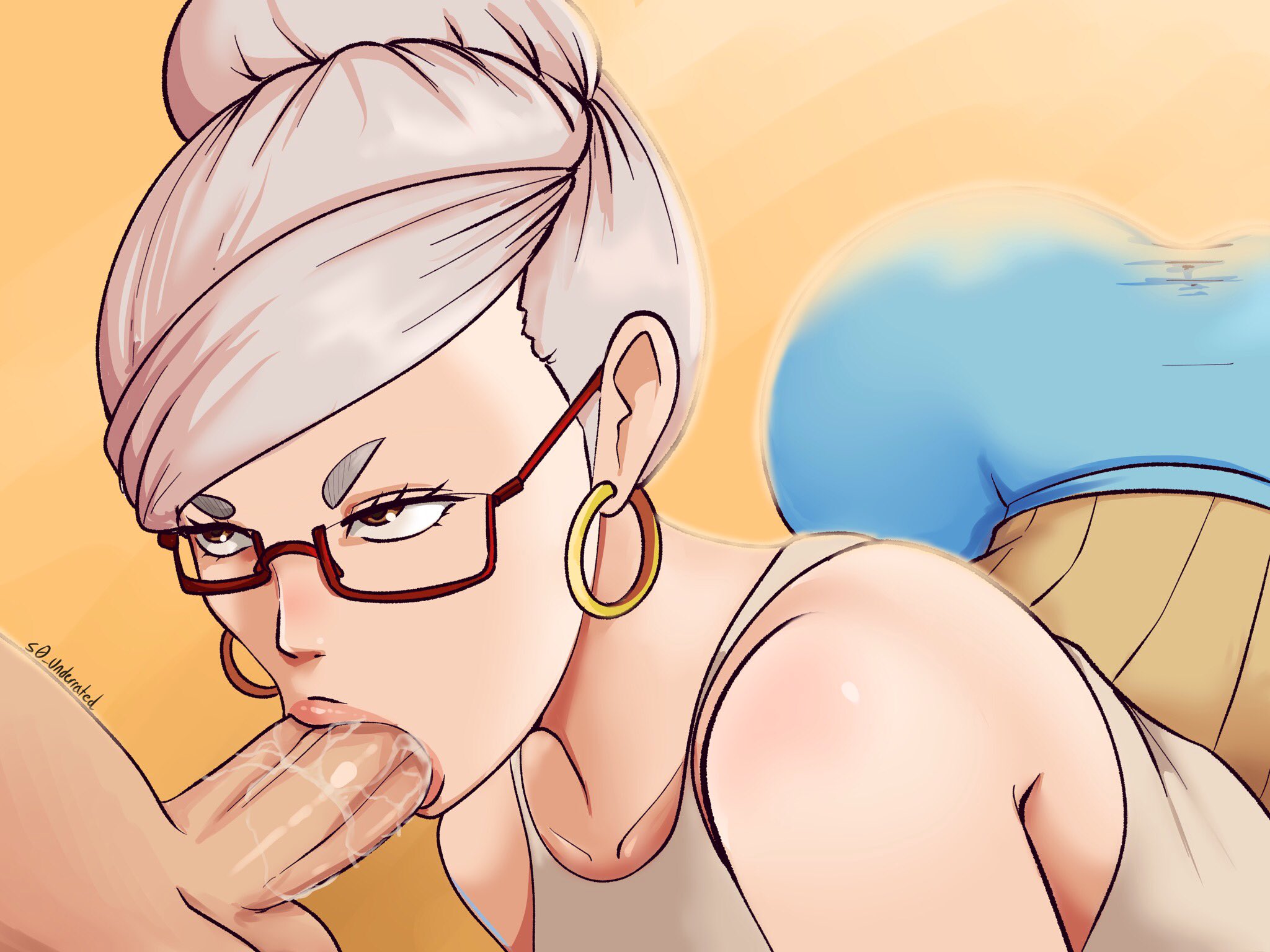 1boy, 1girls, ayase seiko, blowjob, cock, dandadan, dick, ear piercing, ear ring, earrings, female, genitals, gilf, glasses, granny, male, penis, s0 underrated, saliva