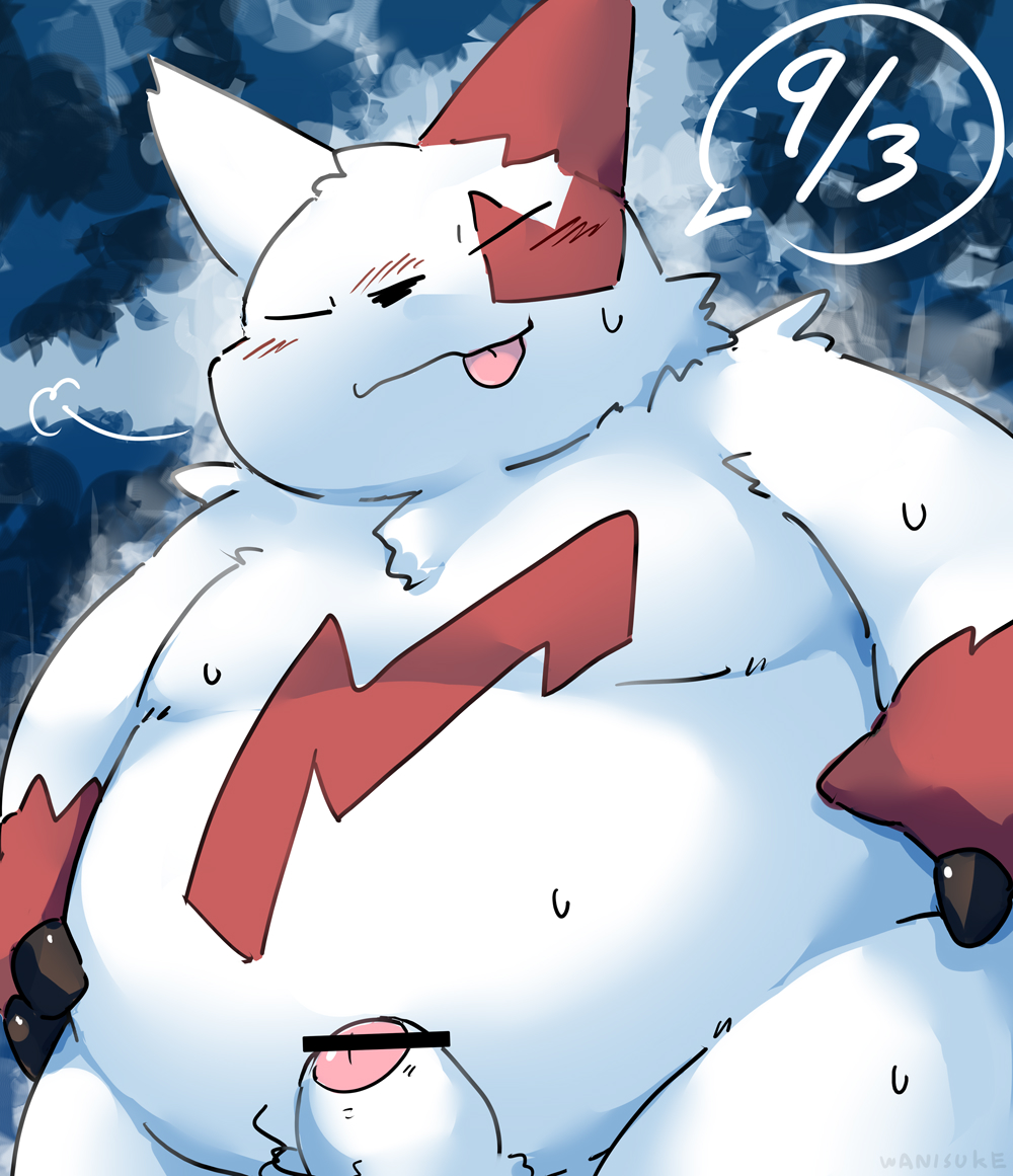 2022 anthro belly blush censored closed_eyes erection generation_3_pokemon genitals kemono male moobs nintendo overweight overweight_male penis pokemon pokemon_(species) red_body solo tongue tongue_out wanisuke white_body zangoose