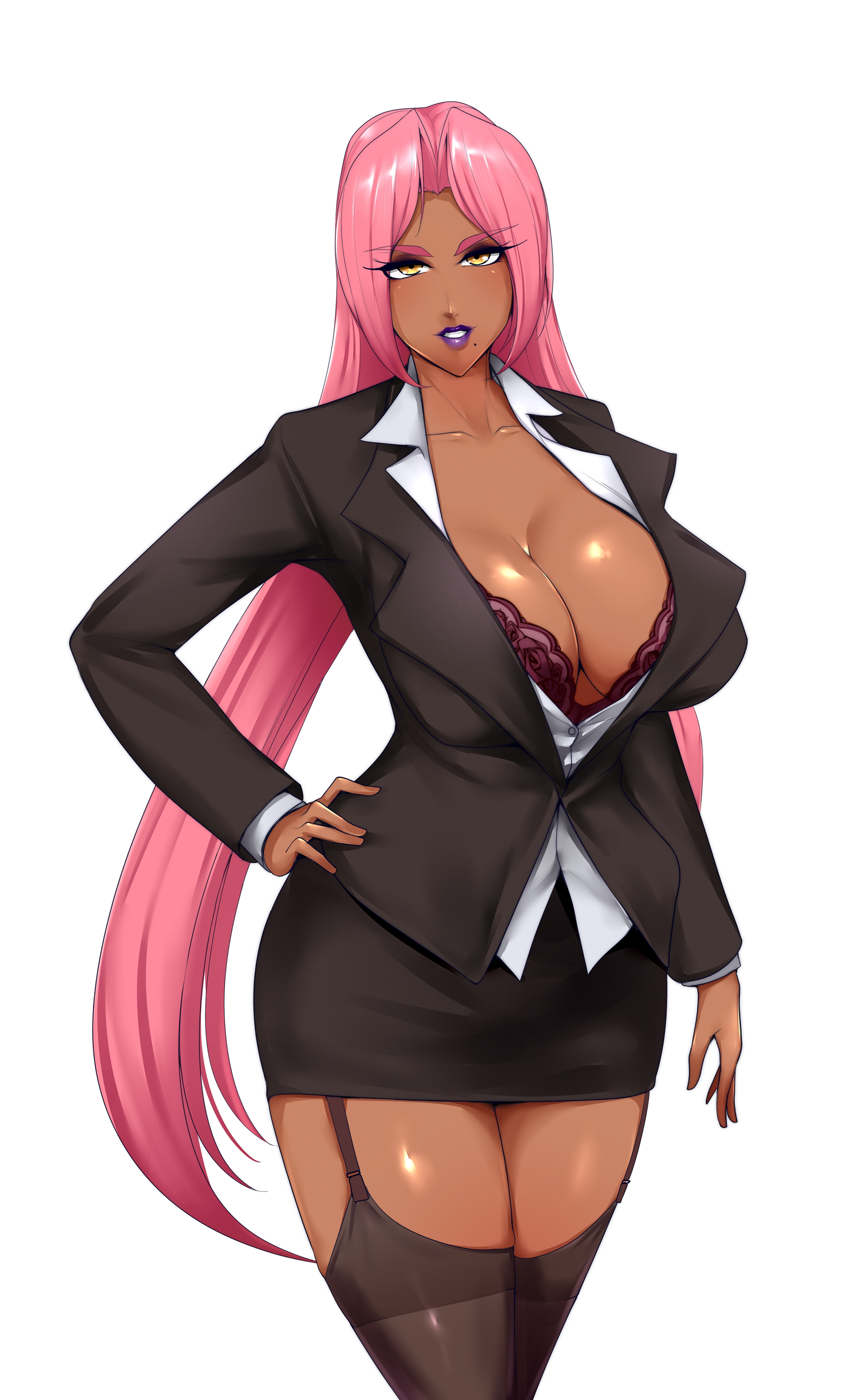 1girls, 2023, amber eyes, big breasts, breasts, cleavage, dark skin, dark-skinned female, female, female only, hand on hip, hi res, ingrid (taimanin asagi), long hair, looking at viewer, makai kishi ingrid, mole, mole under mouth, narrowed eyes, nofuture, office lady, pink hair, purple lipstick, simple background, smiling, smiling at viewer, solo, stockings, taimanin (series), taimanin asagi, white background