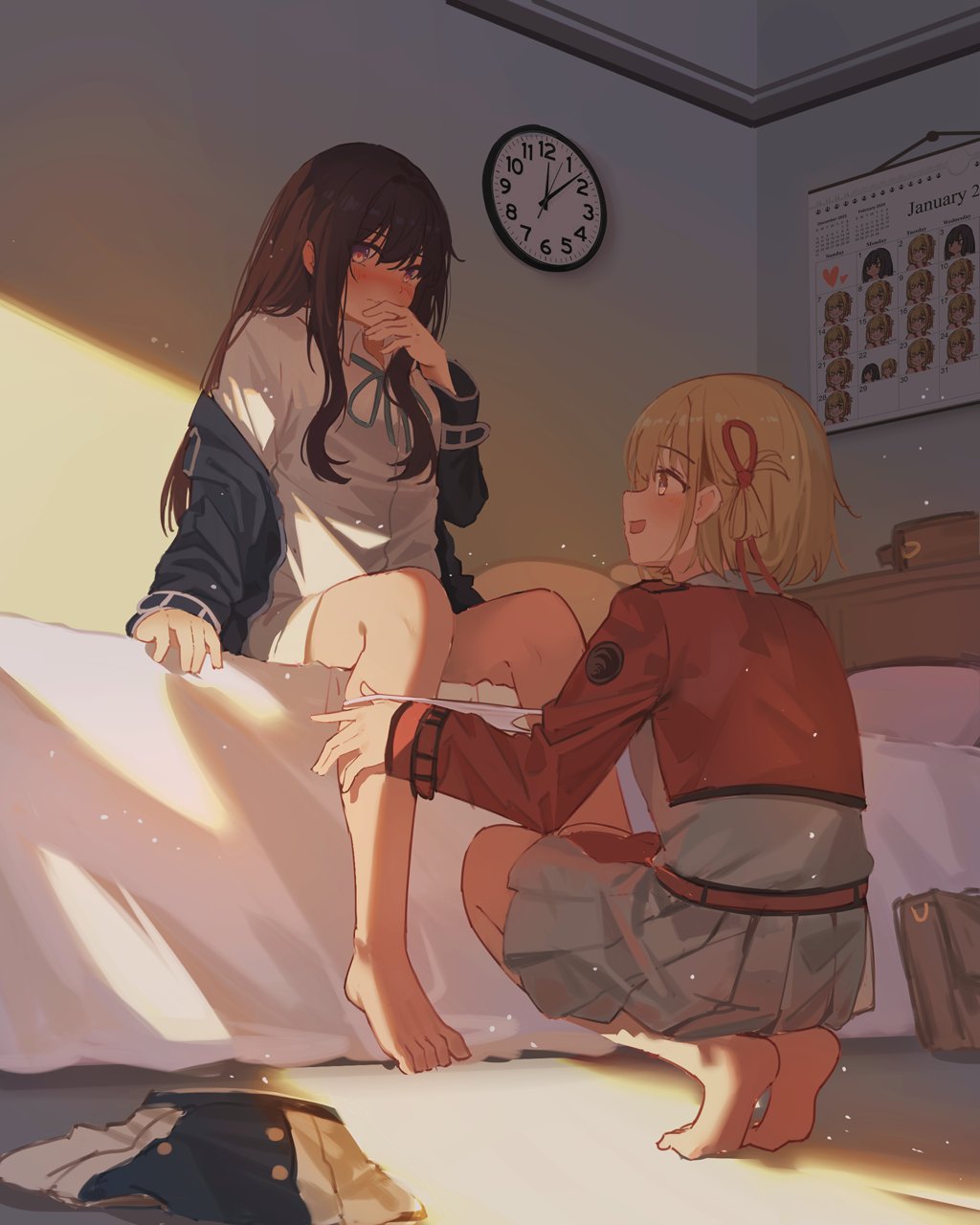 2girls barefoot bedroom calendar_(object) clock embarrassed english_text female/female female_focus female_only full-face_blush fully_clothed girls girls_only inoue_takina lesbian lycoris_recoil nishikigi_chisato one_arm_up only_female school_bag sitting_on_bed smile squatting taking_off_panties text undressing undressing_another yuri