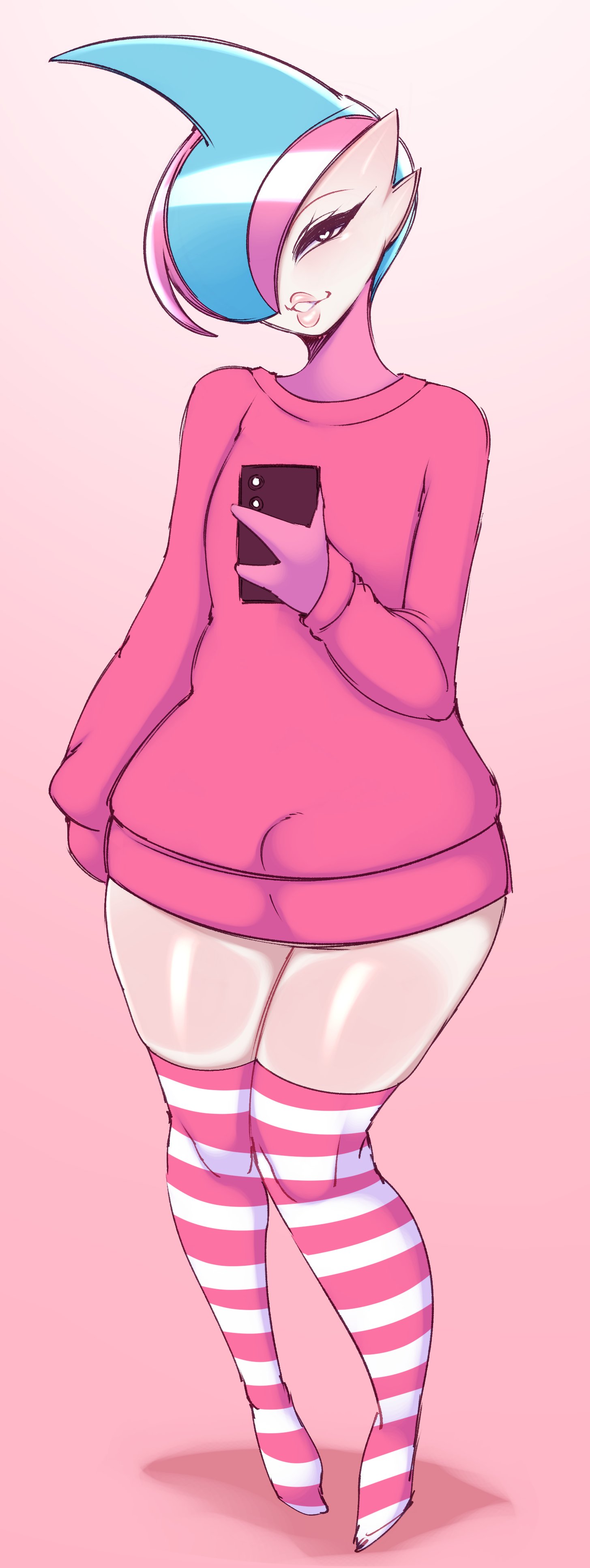 1boy, absurd res, bulge, femboy, gallade, generation 4 pokemon, girly, heart-shaped pupils, looking at viewer, male, male only, narrowed eyes, nintendo, penis, penis bulge, phone, pokémon (species), pokemon, pokemon (species), saltyxodium, smiling, smiling at viewer, solo, striped thighhighs, sweater, tagme, thighhighs, transgender pride colors, trap