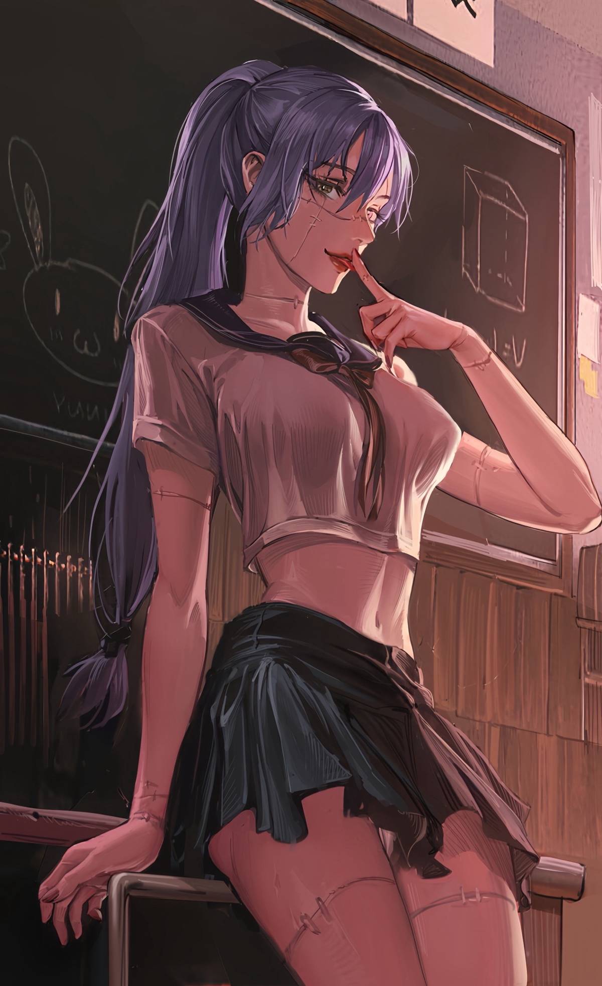 blue_hair jujutsu_kaisen looking_at_viewer mahito_(jujutsu_kaisen) panties pantyshot rule_63 scar schoolgirl skirt underwear