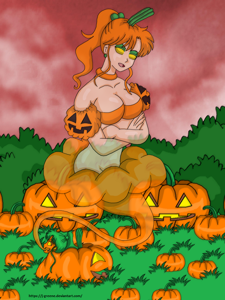 bishoujo_senshi_sailor_moon body_modification bra djinn female femsub genie halloween j-greene jack-o'-lantern makeup makoto_kino medium_breasts midriff mind_control navel nipples no_legs orange_hair plant_girl plant_transformation post_transformation pumpkin pumpkin_girl pumpkin_head transformation transformation_sequence yellow_eyes