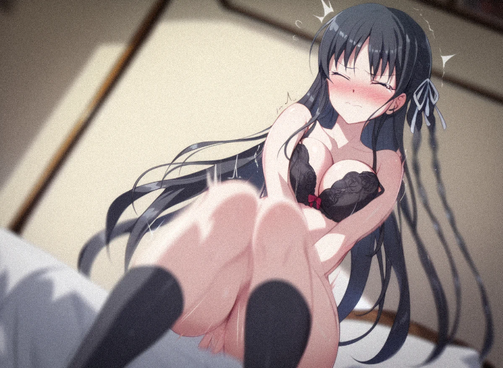 1girl ai_generated black_bra black_hair blush_lines busty_female classroom_of_the_elite clenched_teeth climax_female closed_eyes covering_crotch hair_ribbon horikita_suzune in_bed legs_apart legs_spread long_hair niuniuking_ai on_bed playing_with_pussy playing_with_self shake_lines sitting_on_bed