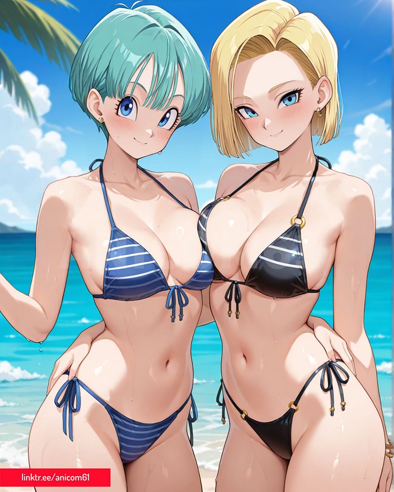 1989 1990 1991 1992 1993 1994 1995 1996 2025 ai_generated android18dx android_18 anicom61 beach black_bikini blonde_female blonde_hair blonde_hair_female blue_bikini blue_eyes blue_hair bulma_(dragon_ball) bulma_briefs dragon_ball dragon_ball_super dragon_ball_z meta toei_animation