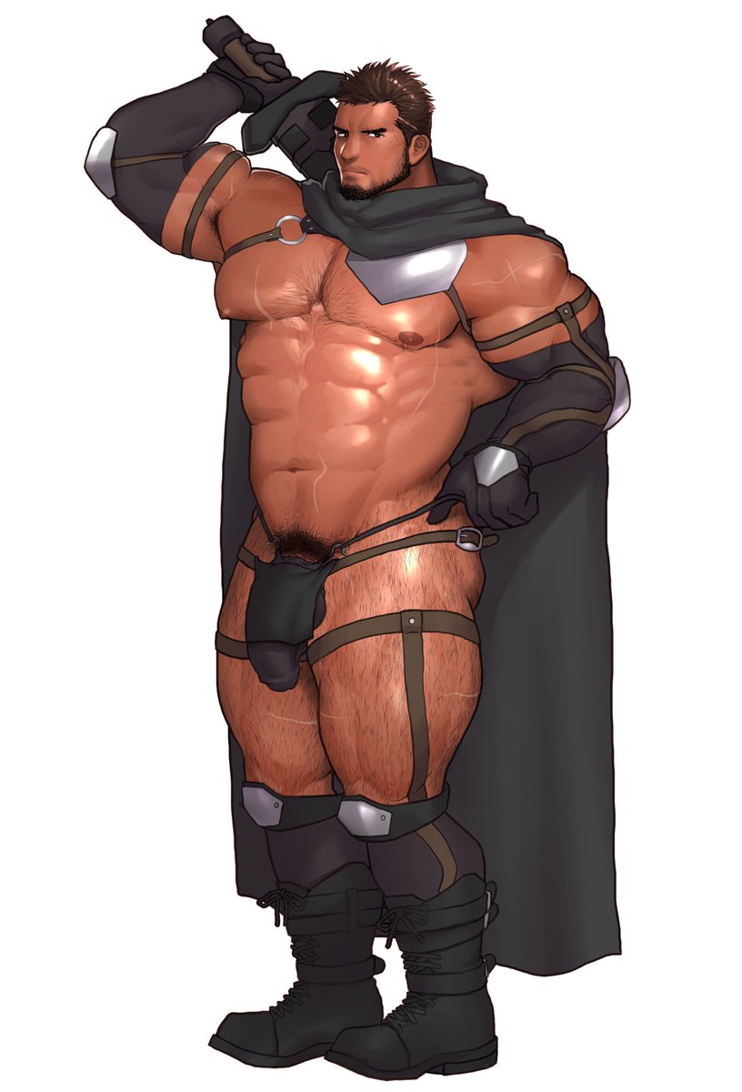 balls bara beard bulge clothing facial_hair flaccid kuromine_hiraya loincloth male male_only muscles muscular penis solo solo_male sword weapon_over_shoulder yuatari