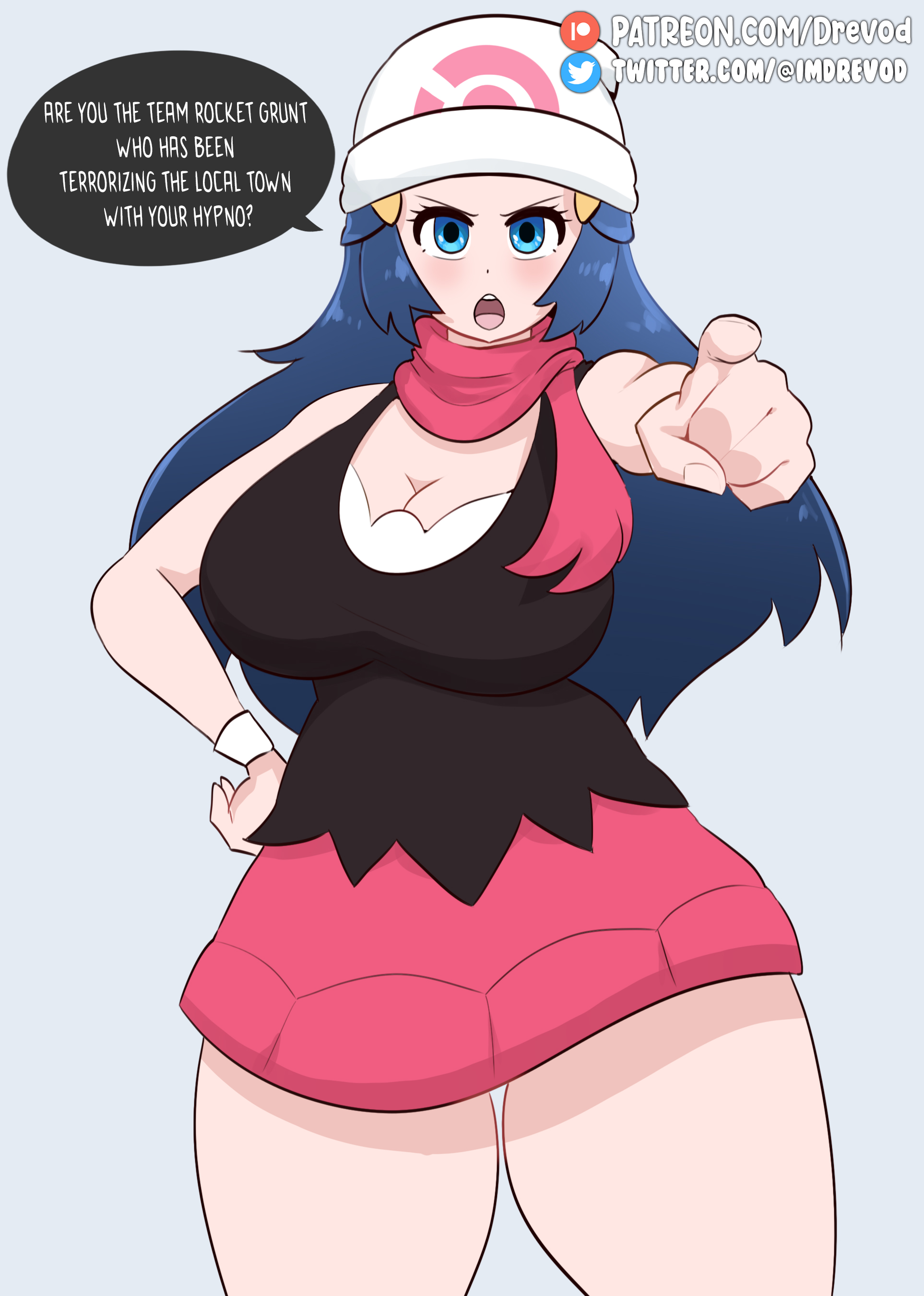 1girls, blue eyes, blue hair, breasts, dawn (pokemon), dialogue, drevod, english text, female, female only, high resolution, human, hypnosis, jpeg, large breasts, looking at viewer, mind control, nintendo, pokemon, solo, text, thighs, very high resolution, wide hips