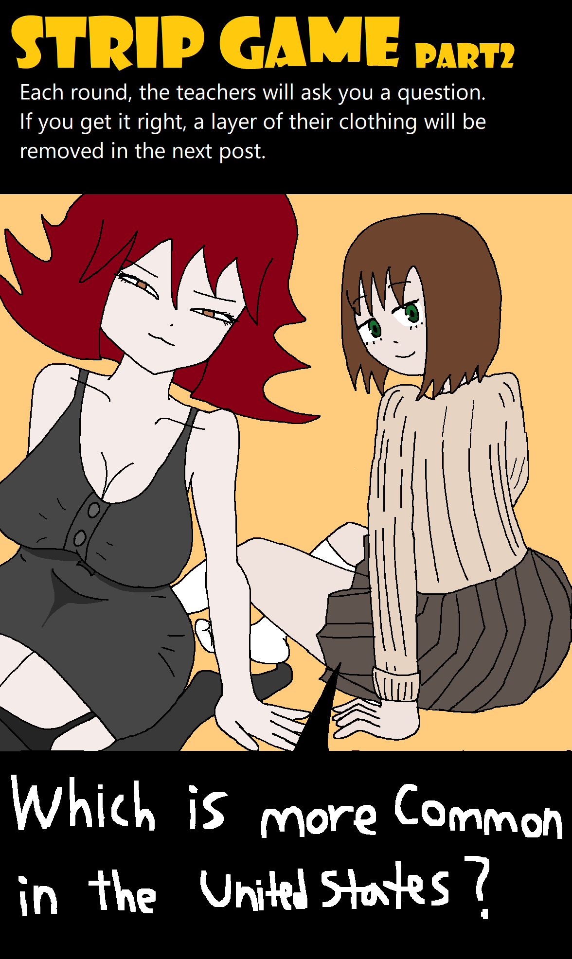 2females 2girls bare_shoulders big_breasts black_dress breasts brown_hair cleavage clothes clothing dress english_text green_eyes history_teacher_(lowgradef) lowgradef lowgradef_(copyright) math_teacher_(lowgradef) question red_hair skirt strip_game text