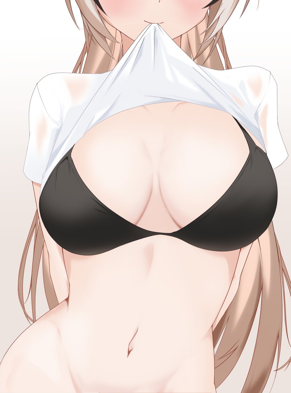 1girls belly_button black_bra bra breasts brown_hair female female_only holding_shirt_with_mouth hololive hololive_english_-promise- hololive_japan huge_breasts inviting light-skinned_female light_skin nanashi_mumei narukahana no_panties seductive shirt shirt_lift shirt_lift_via_mouth solo t-shirt virtual_youtuber wet wet_shirt