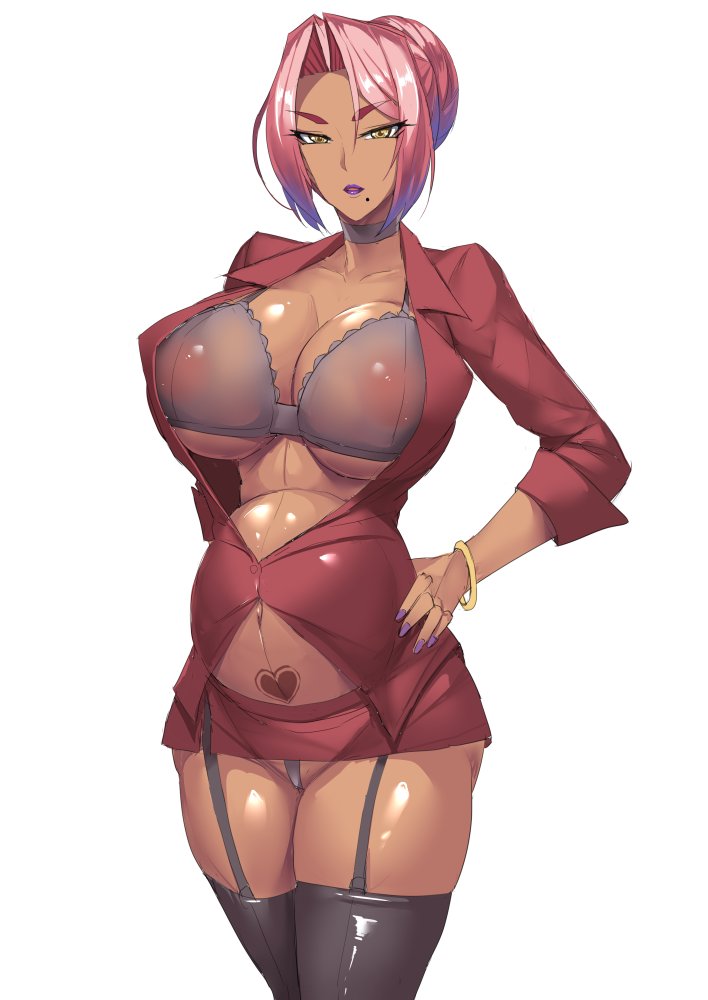 1girls bra breasts brown_skin dark-skinned_female dark_skin emotionless female huge_breasts indifferent ingrid_(taimanin_asagi) ky. long_hair looking_at_viewer mature_female office_lady pink_hair pregnant see-through see-through_bra sheer sheer_bra sheer_clothing short_skirt skirt taimanin_(series) taimanin_asagi yellow_eyes