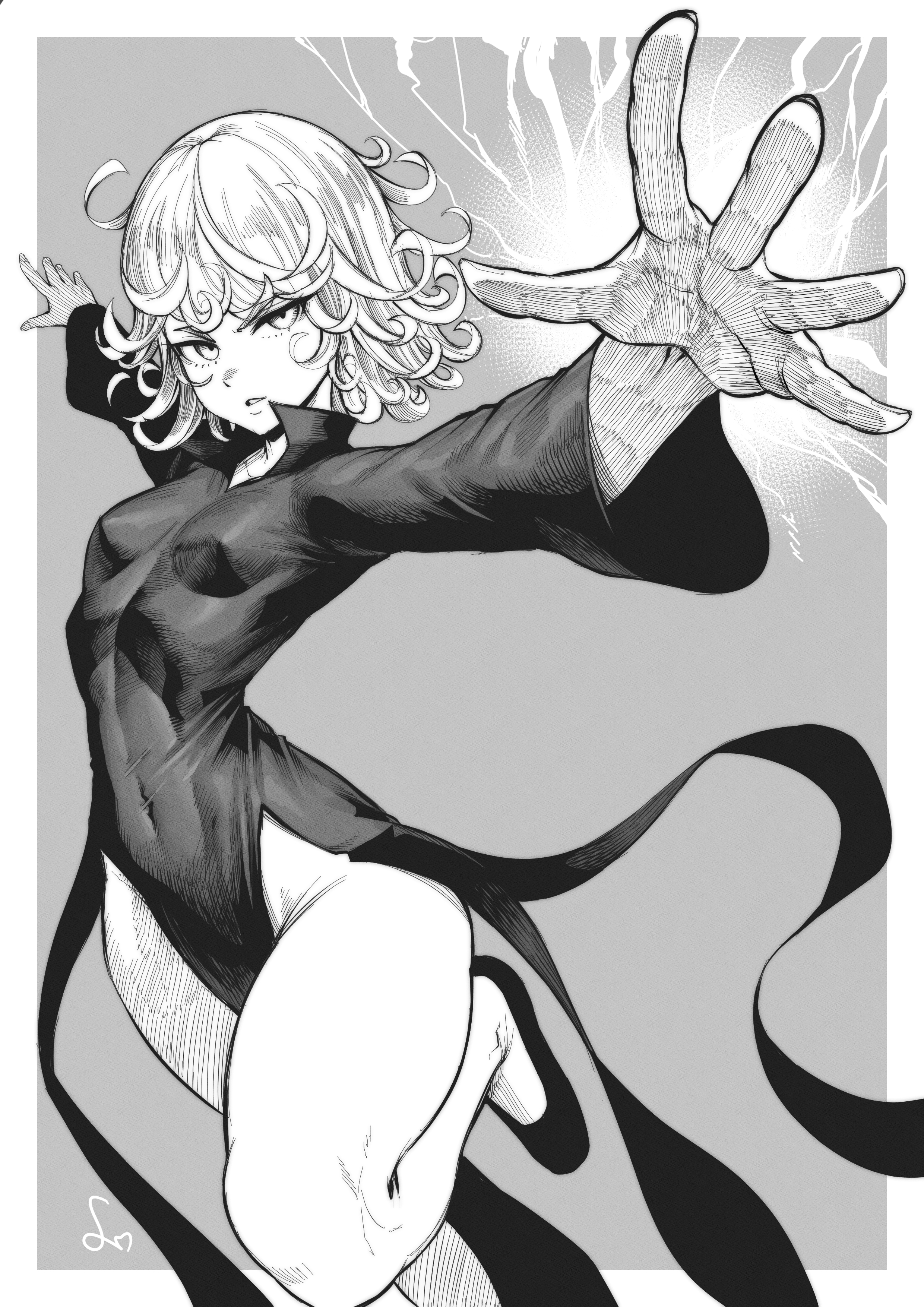 1girls, bare legs, bare thighs, black and white, breasts, clothed, clothing, female, female focus, female only, hi res, light skin, light-skinned female, looking at viewer, one-punch man, open mouth, short hair, small breasts, solo, solo female, speedl00ver, superheroine, tagme, tatsumaki, thick thighs